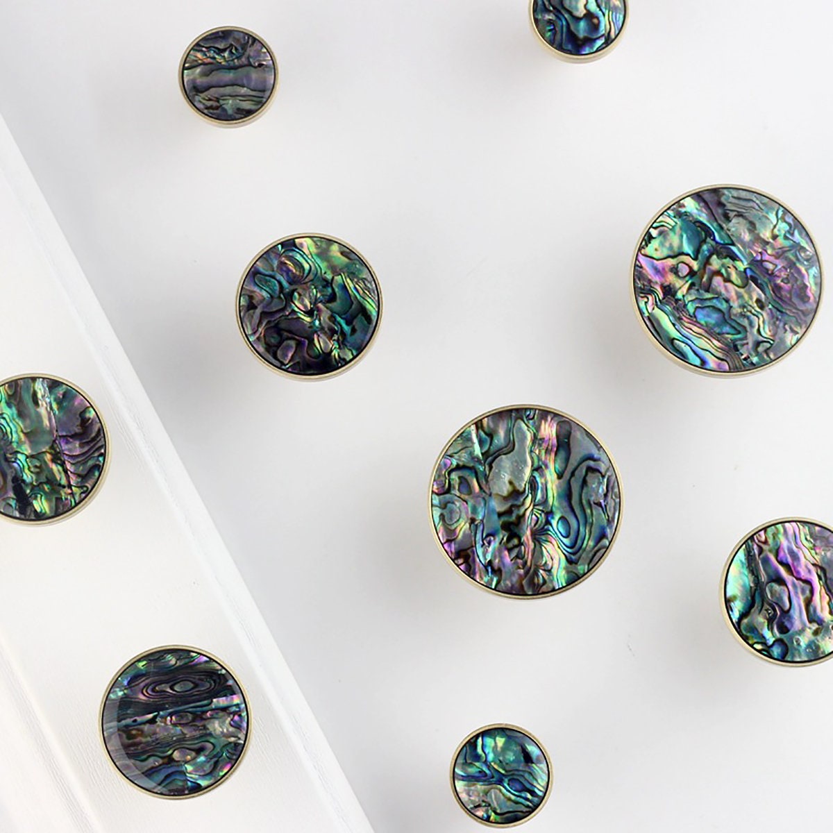 Abalone Shell Dresser Knobs: Brass Cabinet Hardware, Nautical Decor