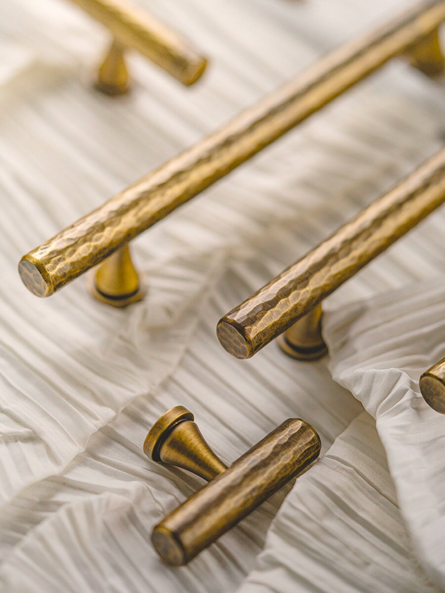 Hammered Brass Cabinet Pulls, Antique Vintage Drawer Handles, Handmade Kitchen Hardware