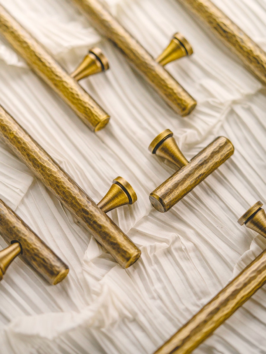 Hammered Brass Cabinet Pulls, Antique Vintage Drawer Handles, Handmade Kitchen Hardware