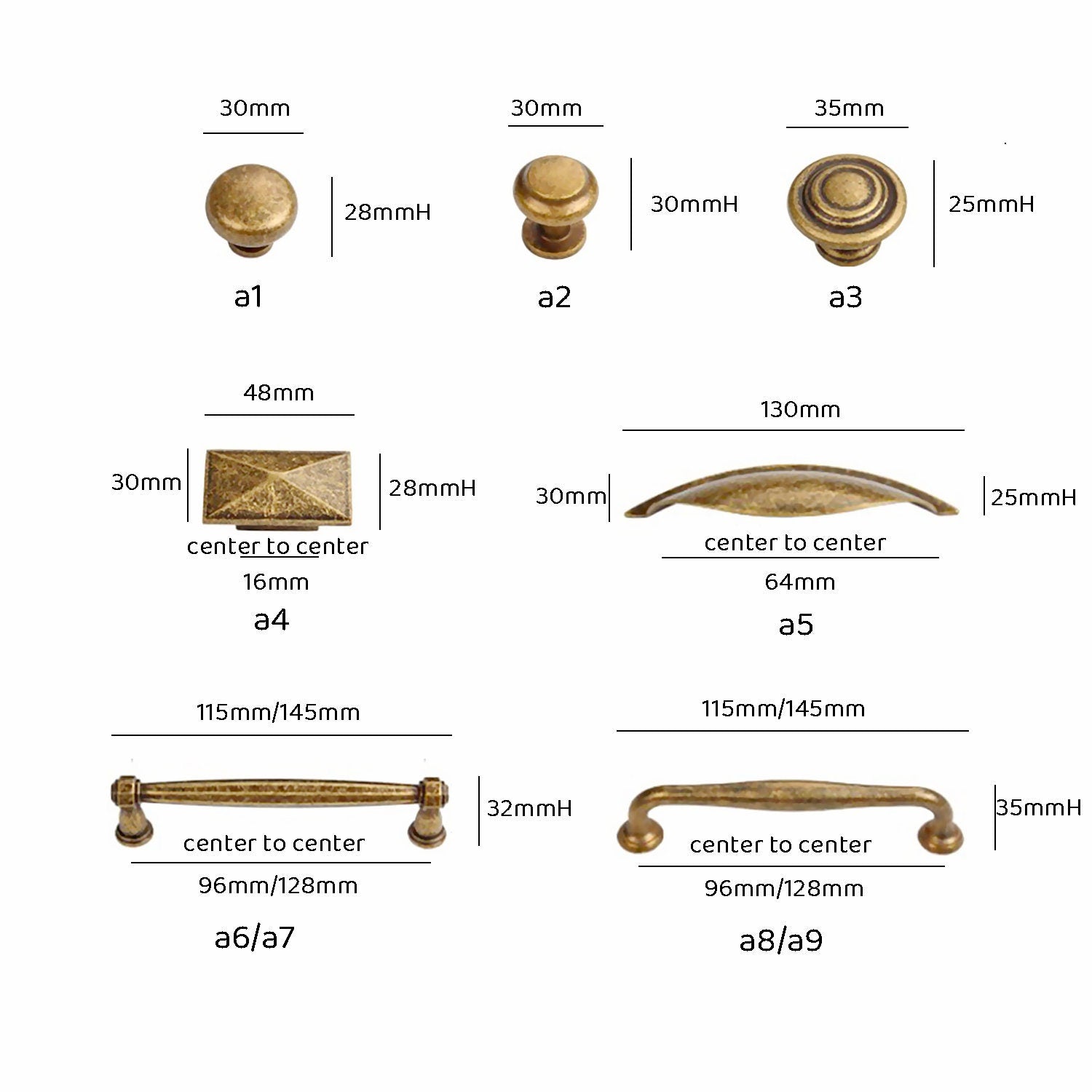 Vintage Gold Kitchen Cabinet Hardware Set: Cup Pulls, Handles & Knobs