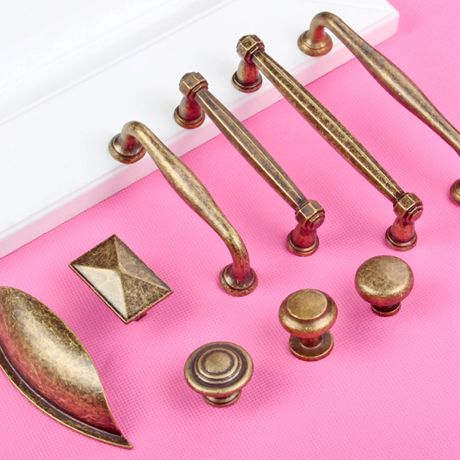 Vintage Gold Kitchen Cabinet Hardware Set: Cup Pulls, Handles & Knobs