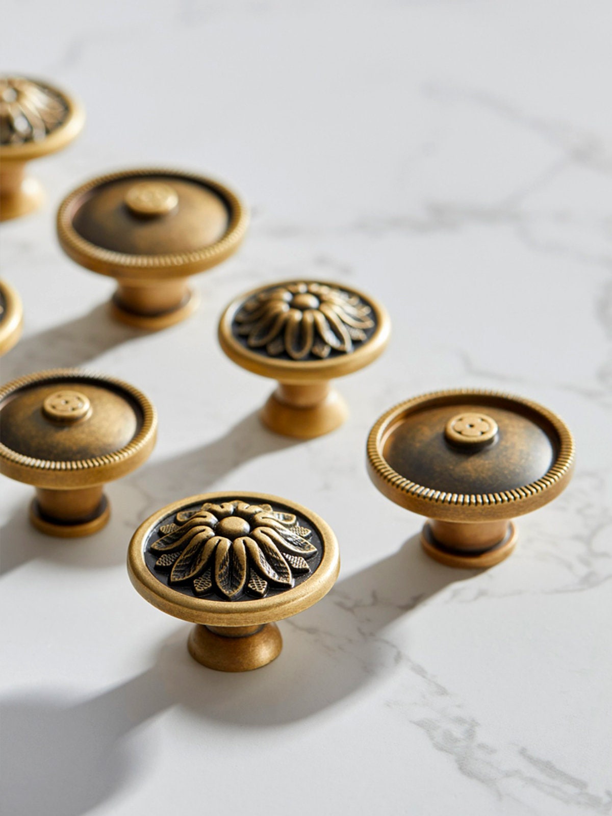 Antique Solid Brass Cabinet Knobs | Floral Design, Aged Finish