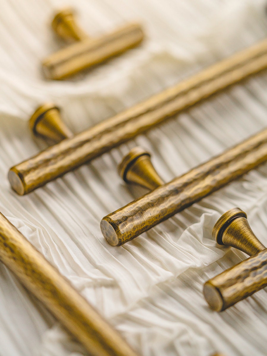 Hammered Brass Cabinet Pulls, Antique Vintage Drawer Handles, Handmade Kitchen Hardware