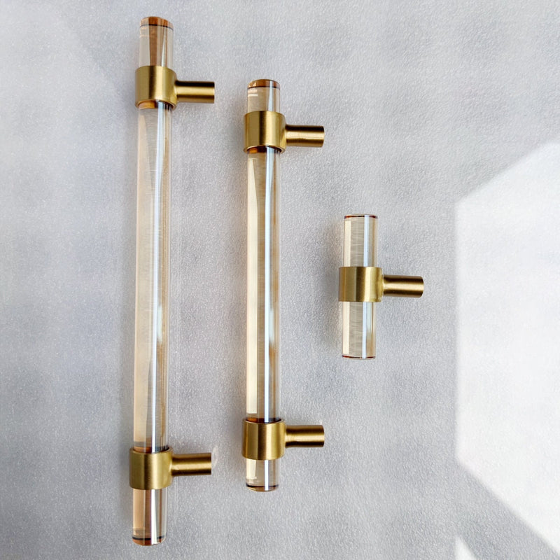 Champagne Crystal Cabinet Pulls, Solid Brass Gold Base, Modern Kitchen Drawer Hardware