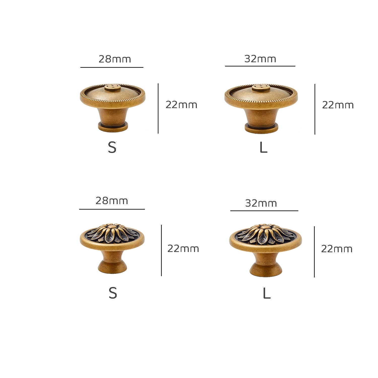 Antique Solid Brass Cabinet Knobs | Floral Design, Aged Finish