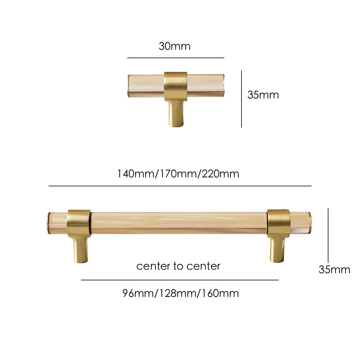 Champagne Crystal Cabinet Pulls, Solid Brass Gold Base, Modern Kitchen Drawer Hardware