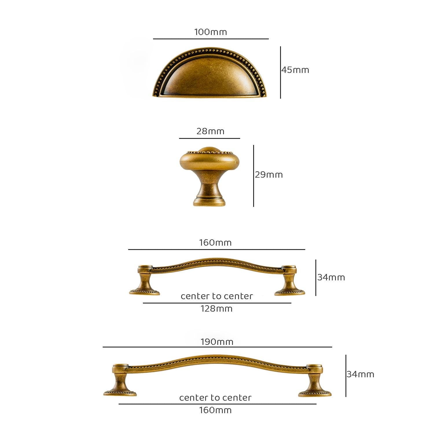 Curved Antique Brass Cabinet Pulls, Beaded Drawer Handle, Kitchen Hardware