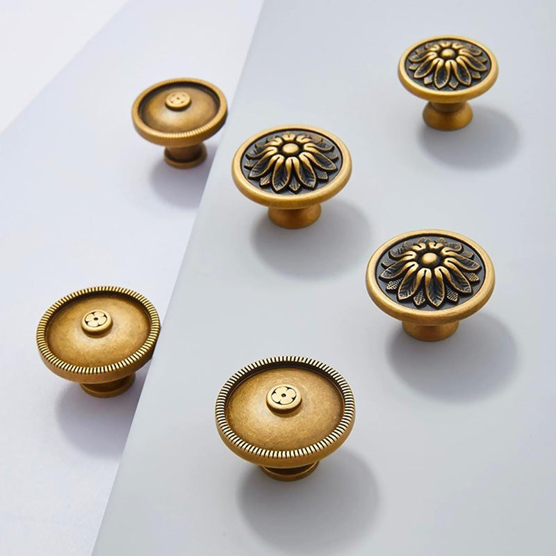 Antique Solid Brass Cabinet Knobs | Floral Design, Aged Finish