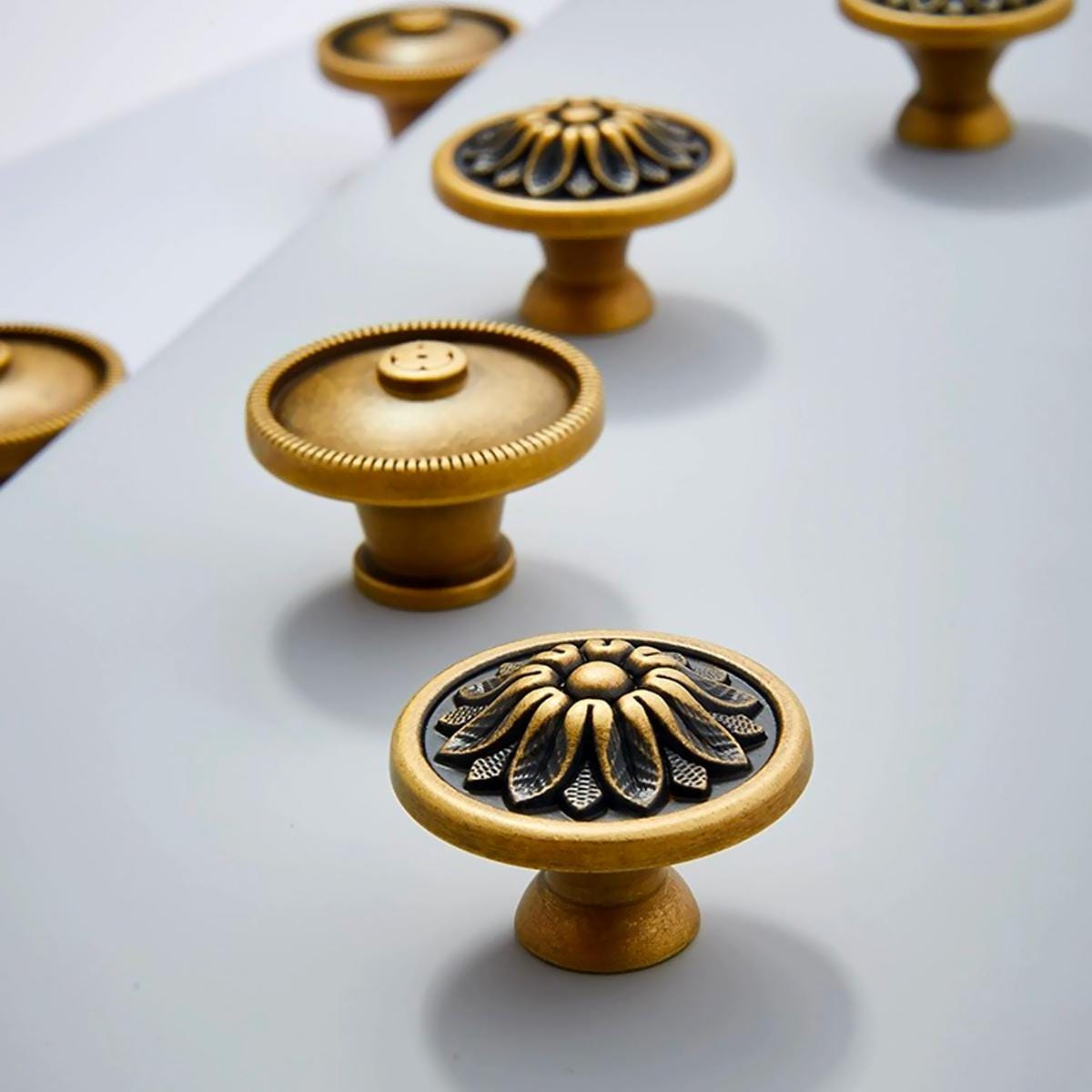 Antique Solid Brass Cabinet Knobs | Floral Design, Aged Finish