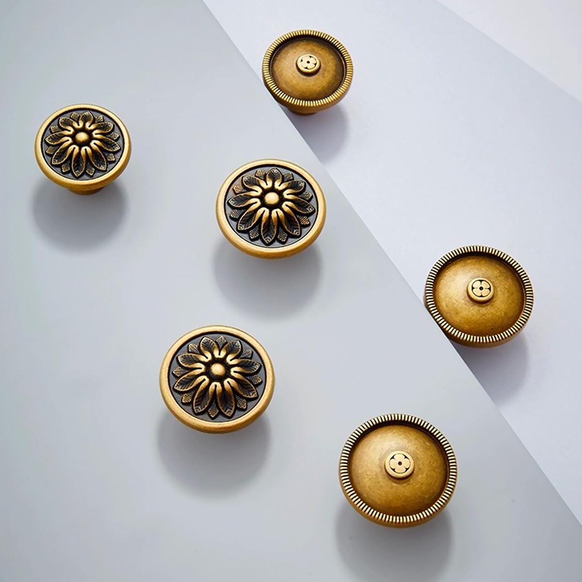 Antique Solid Brass Cabinet Knobs | Floral Design, Aged Finish