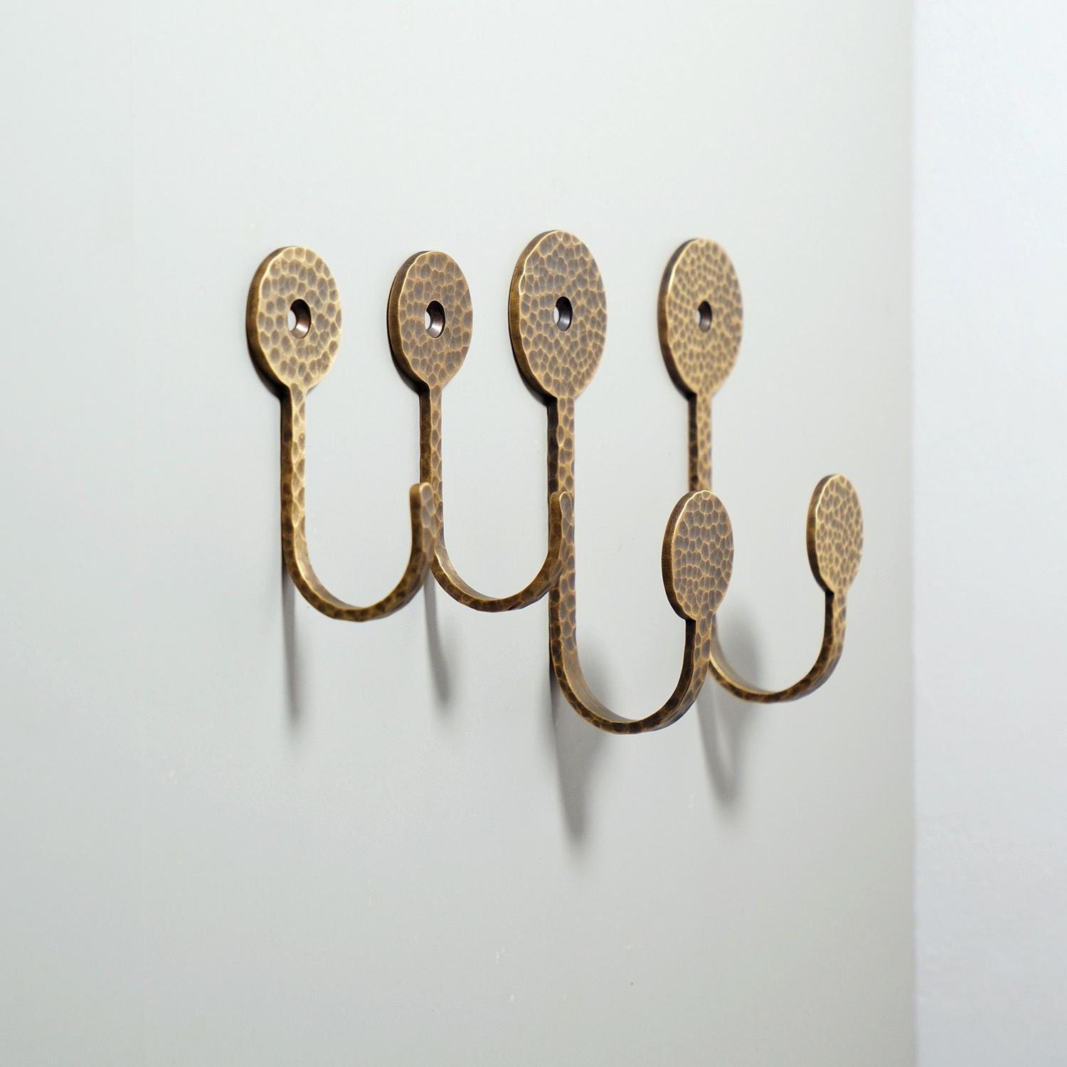 Antique Brass Hooks | Retro Brass Wall Hooks | Hammered Brass Hanging Hooks for Hallway, Living Room, Bedroom, Kitchen, Bathroom