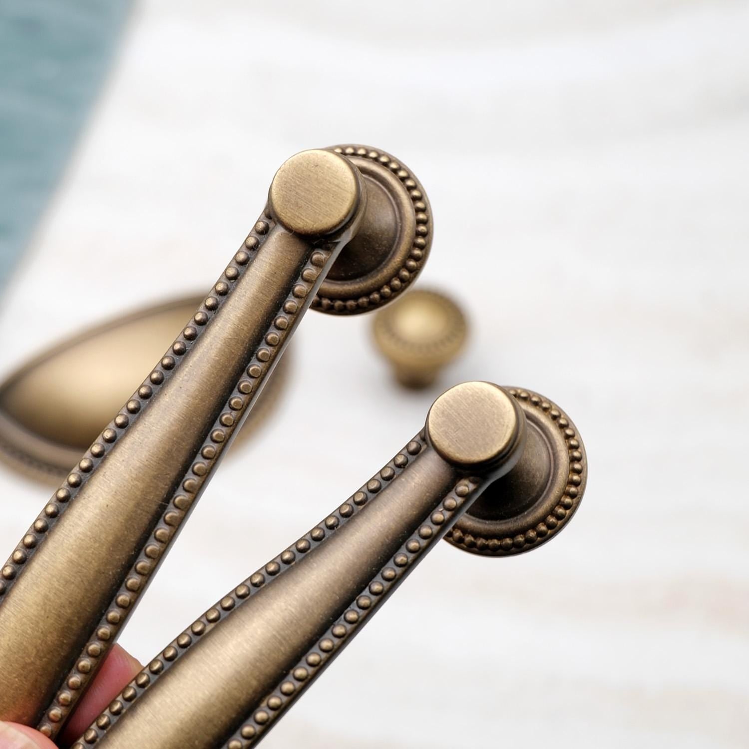 Curved Antique Brass Cabinet Pulls, Beaded Drawer Handle, Kitchen Hardware