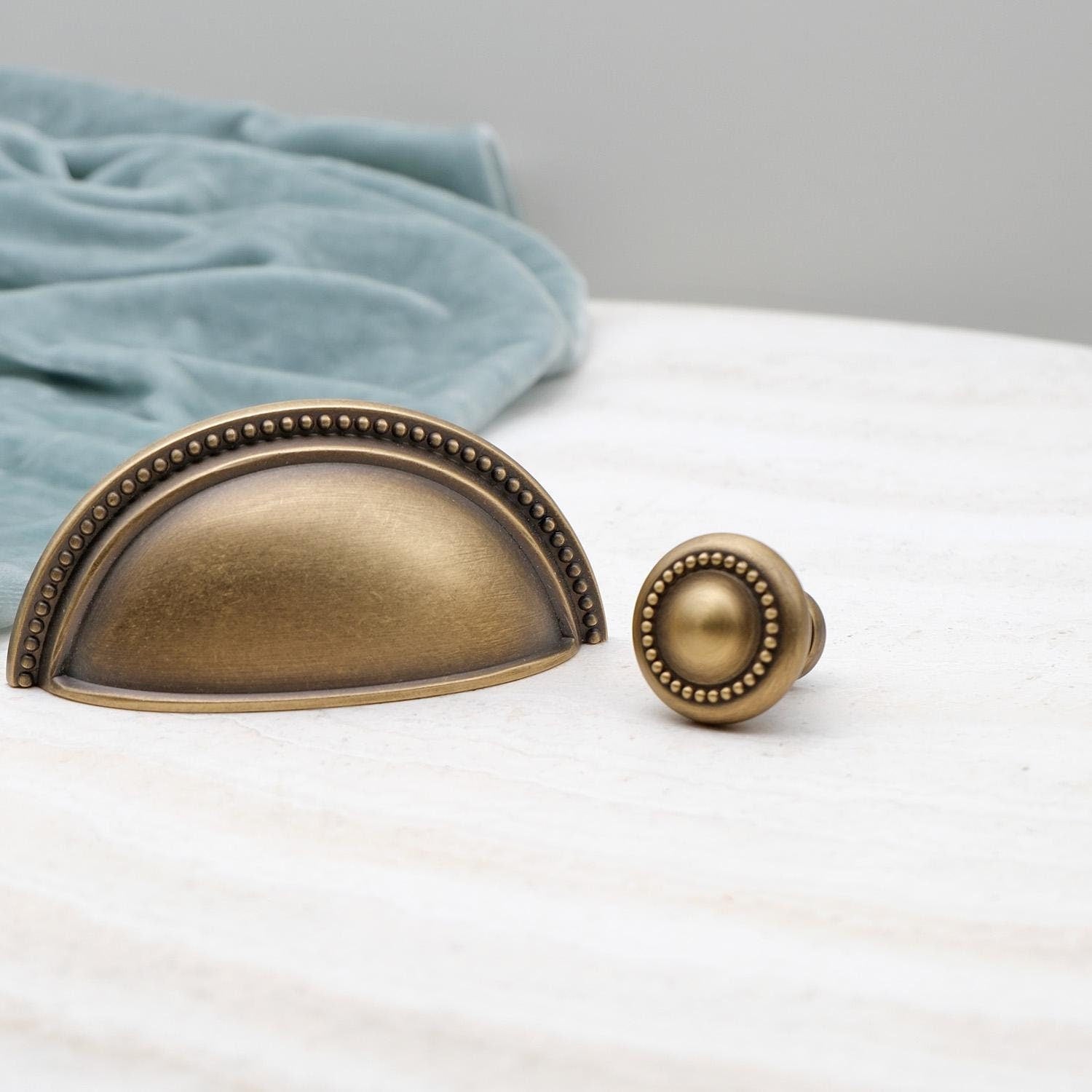 Curved Antique Brass Cabinet Pulls, Beaded Drawer Handle, Kitchen Hardware