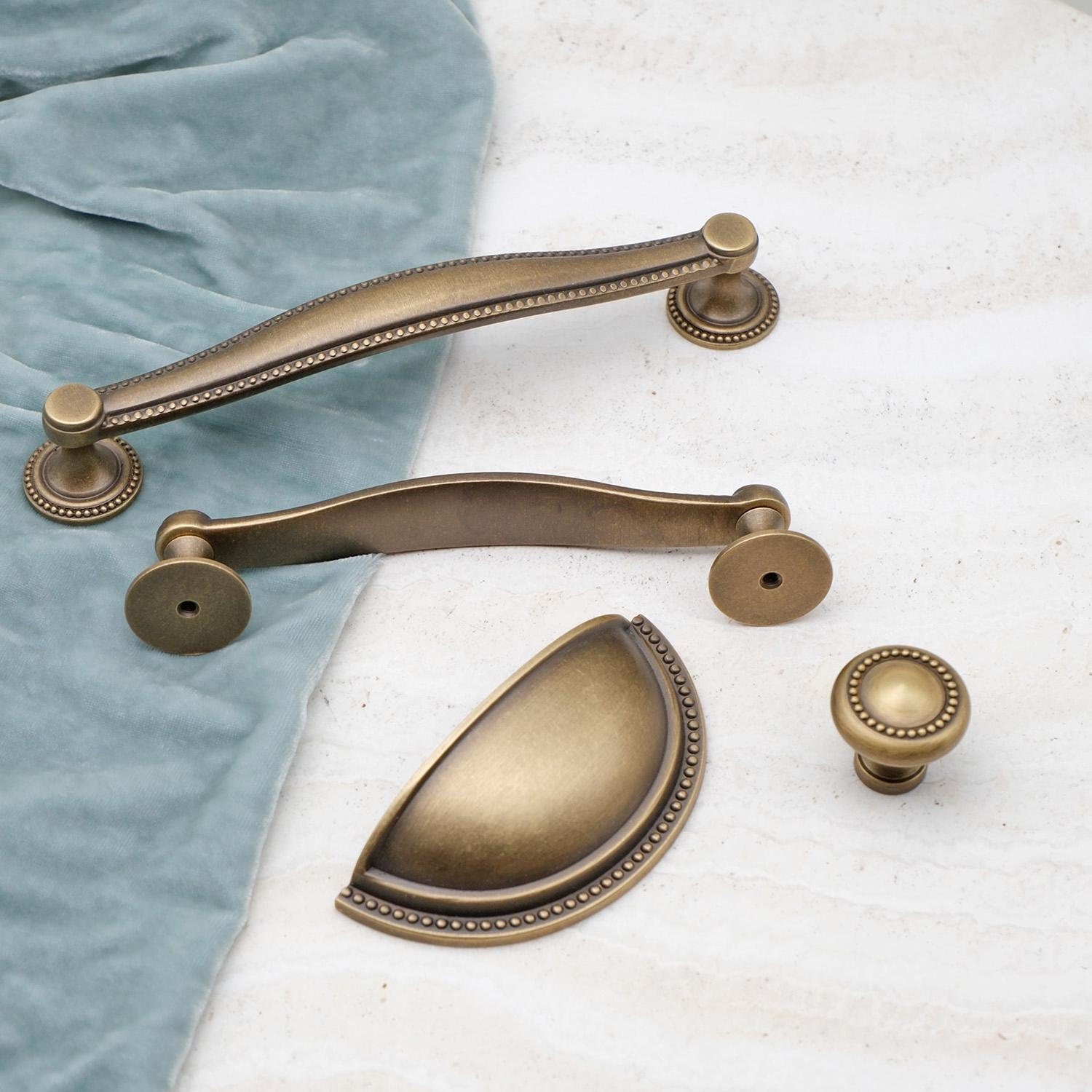 Curved Antique Brass Cabinet Pulls, Beaded Drawer Handle, Kitchen Hardware