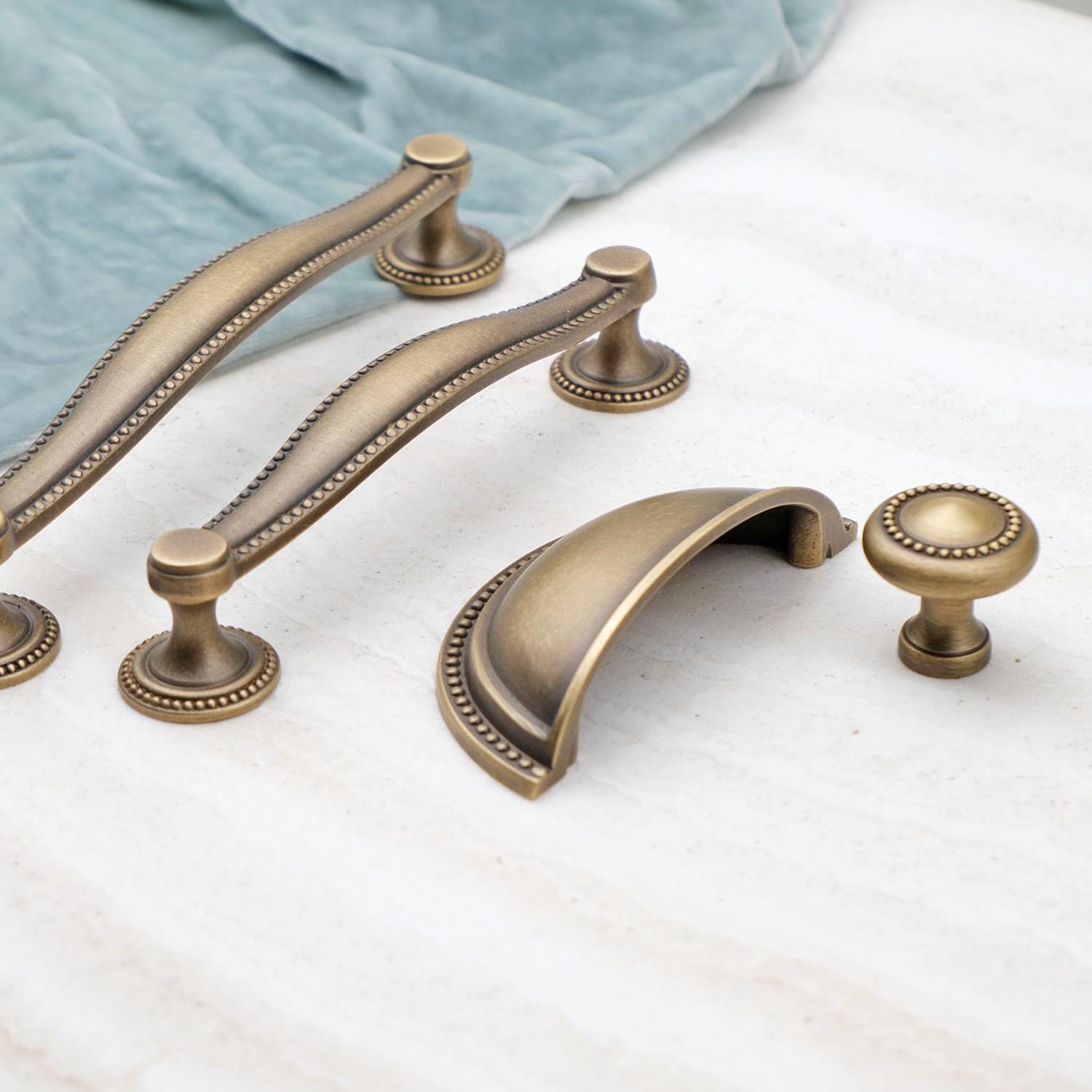 Curved Antique Brass Cabinet Pulls, Beaded Drawer Handle, Kitchen Hardware
