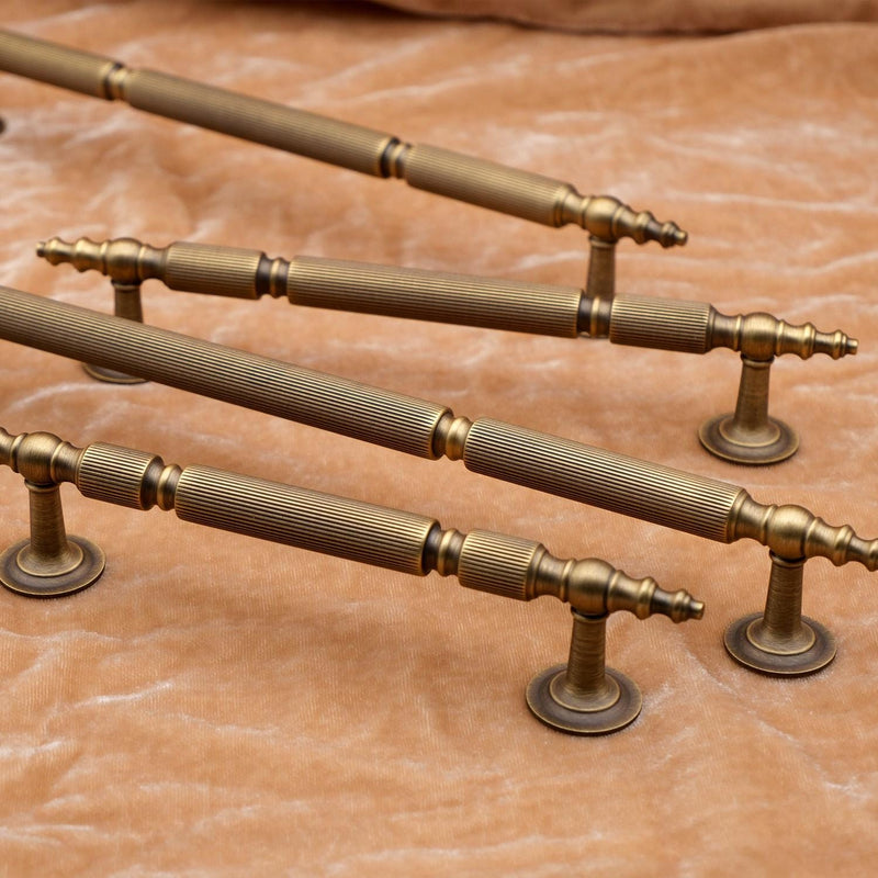 Antique Brass Cabinet Handles | Linear Knurled Art Deco Drawer Pulls