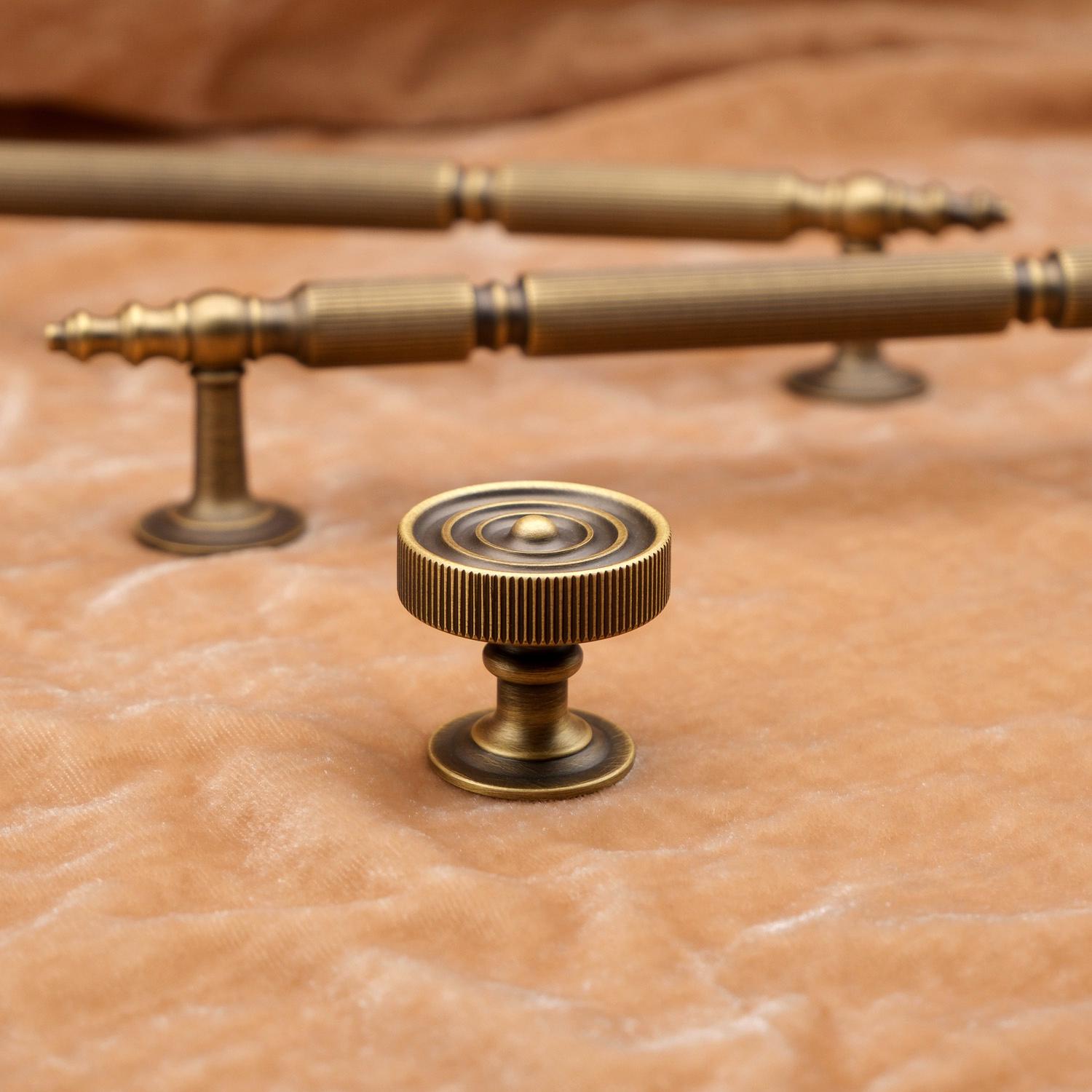 Antique Brass Cabinet Handles | Linear Knurled Art Deco Drawer Pulls