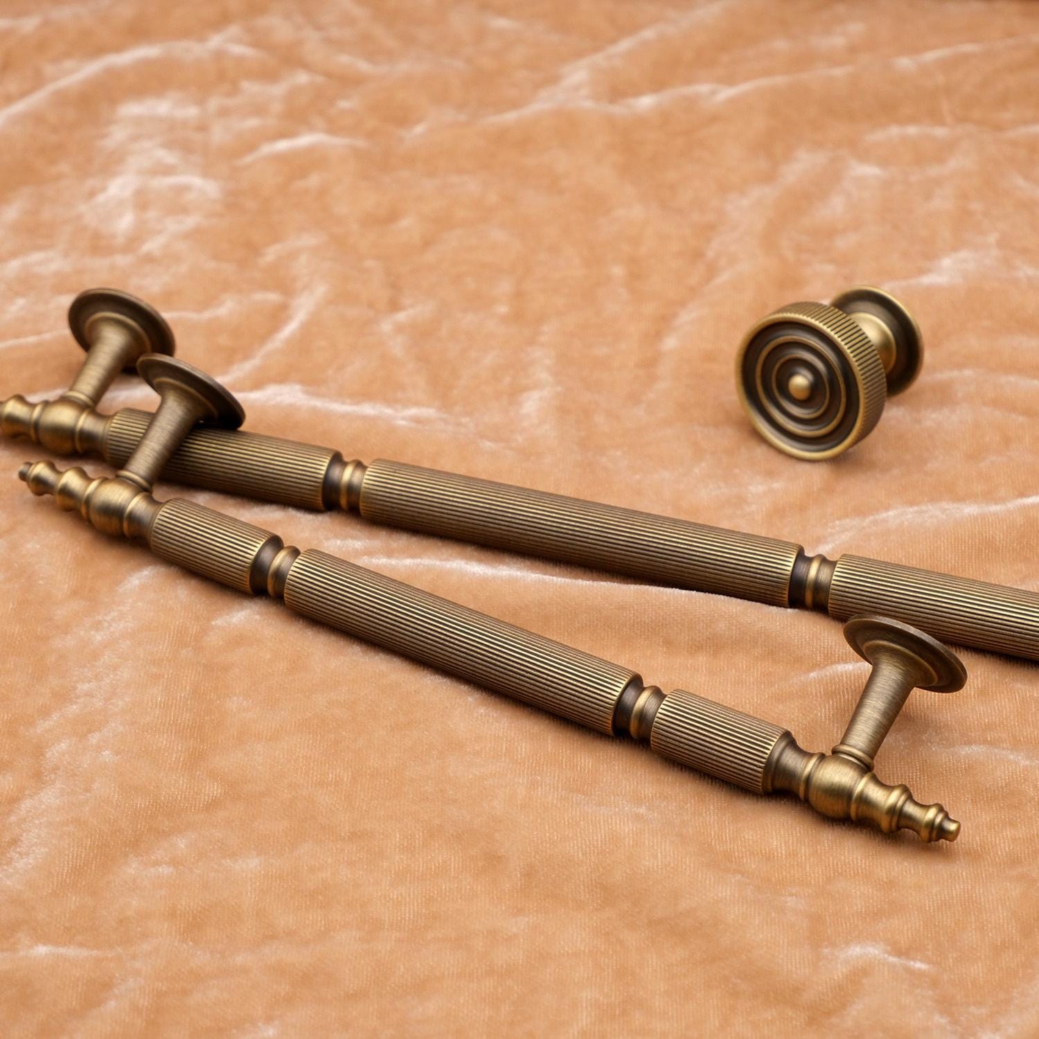 Antique Brass Cabinet Handles | Linear Knurled Art Deco Drawer Pulls