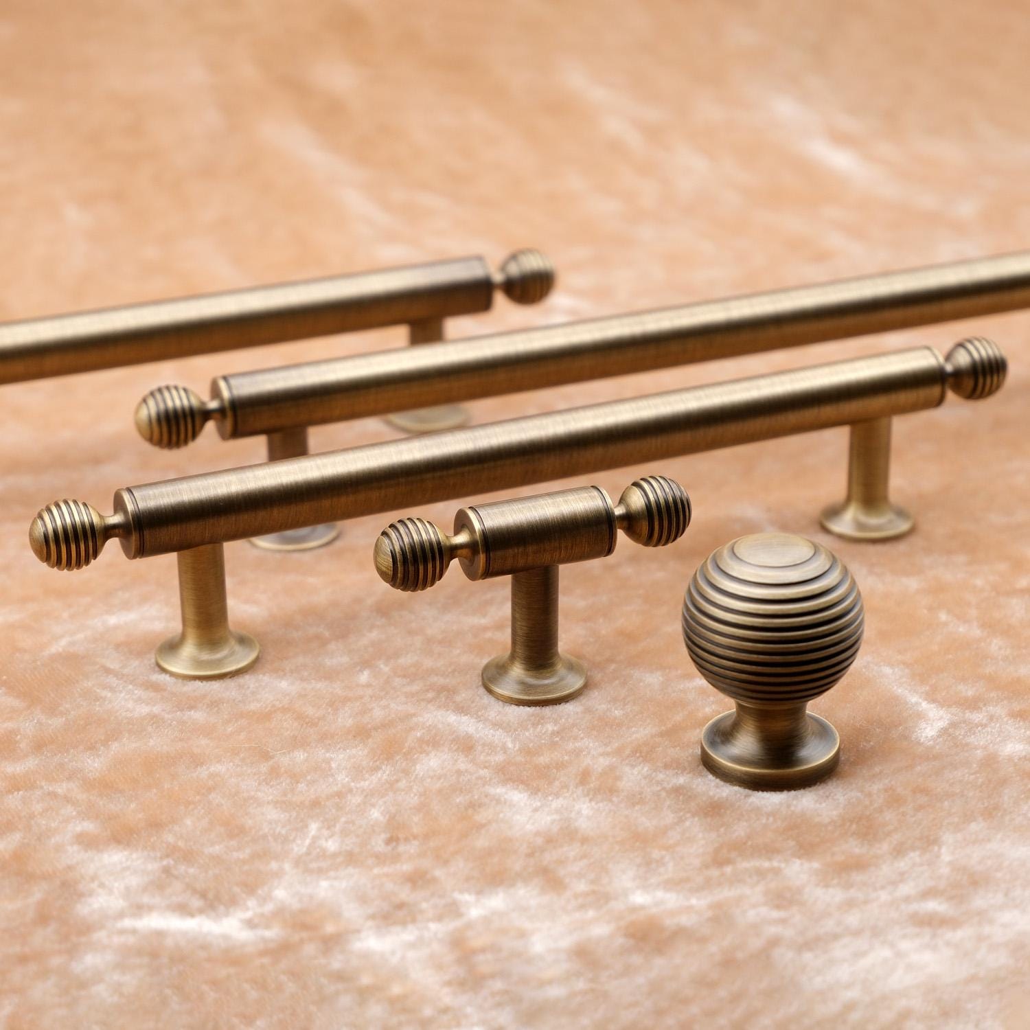 Reeded Antique Brass Cabinet Hardware: Gold Kitchen Pulls & Knobs