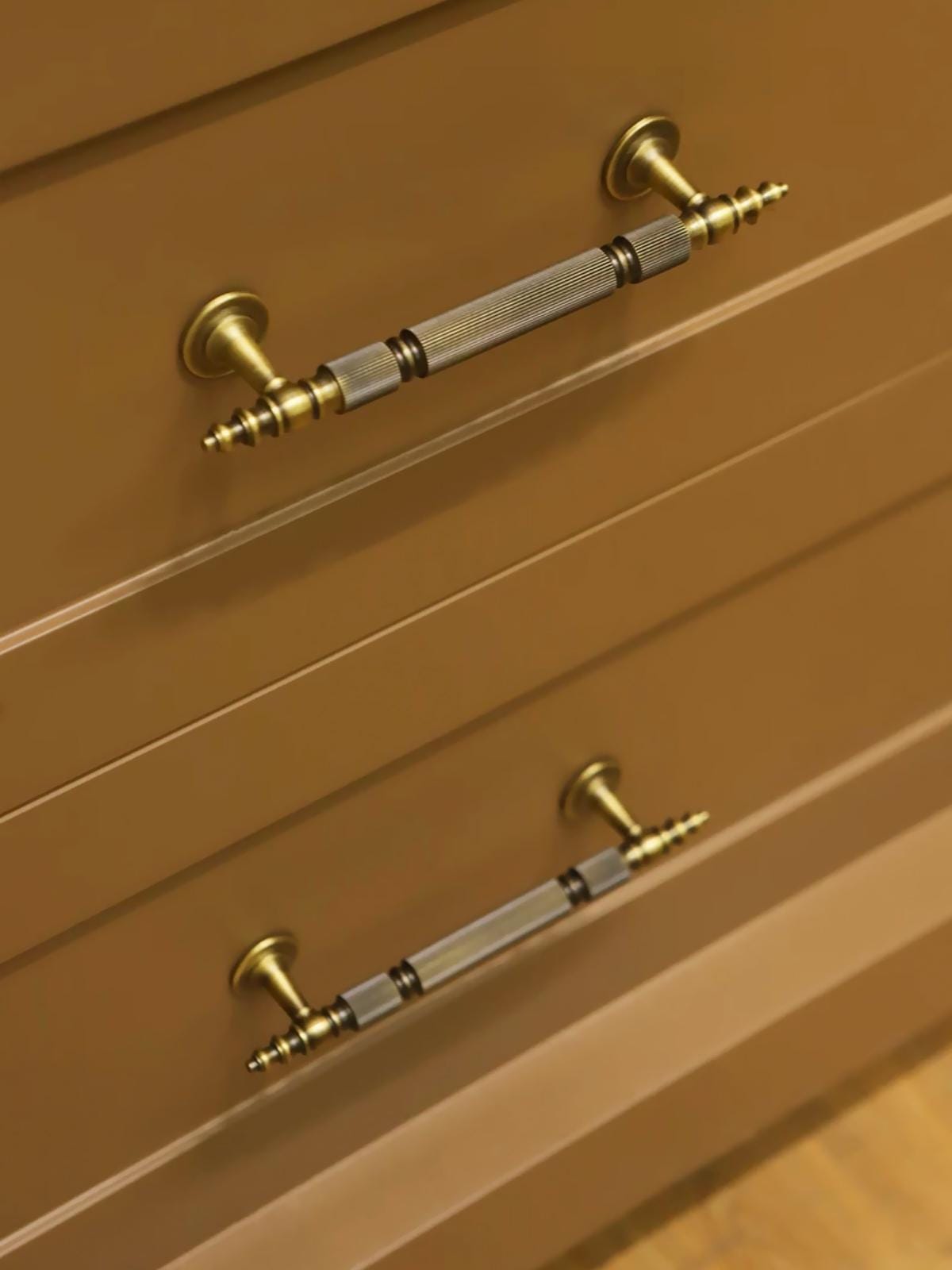 Antique Brass Cabinet Handles | Linear Knurled Art Deco Drawer Pulls