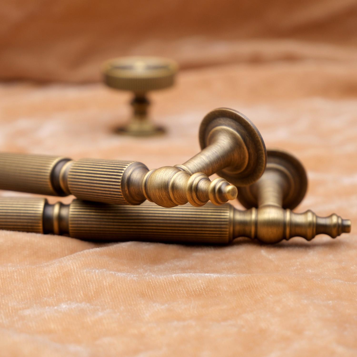 Antique Brass Cabinet Handles | Linear Knurled Art Deco Drawer Pulls