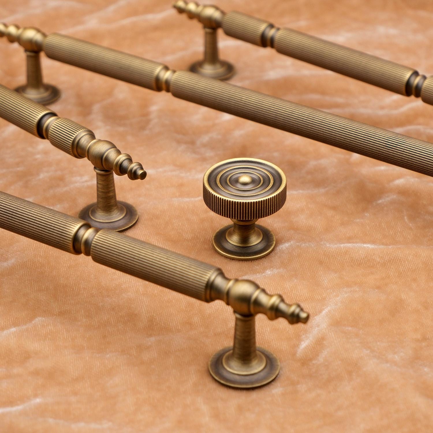 Antique Brass Cabinet Handles | Linear Knurled Art Deco Drawer Pulls