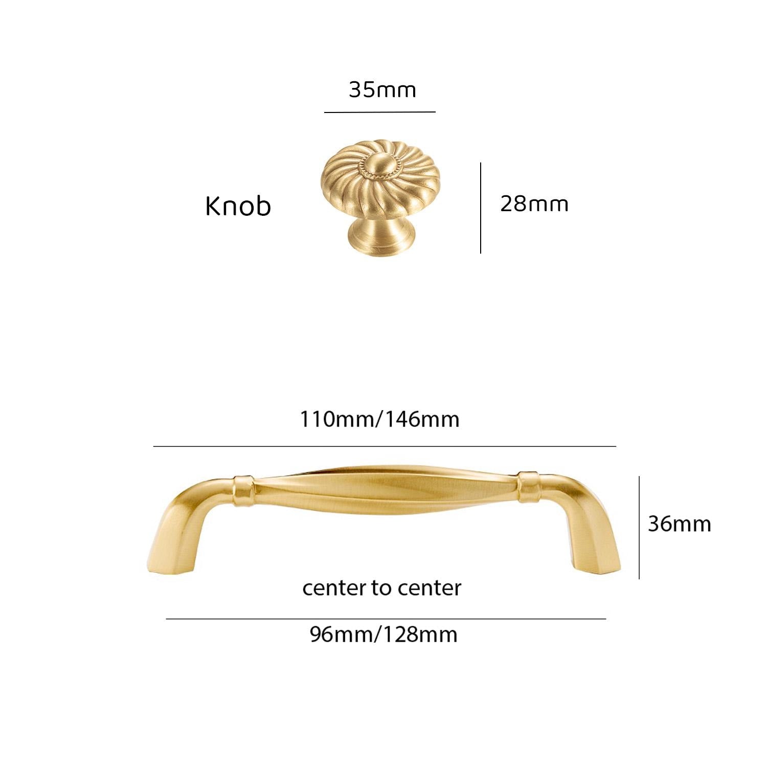 Art Deco Solid Brass Curved Cabinet Pulls, Brushed Gold Finish