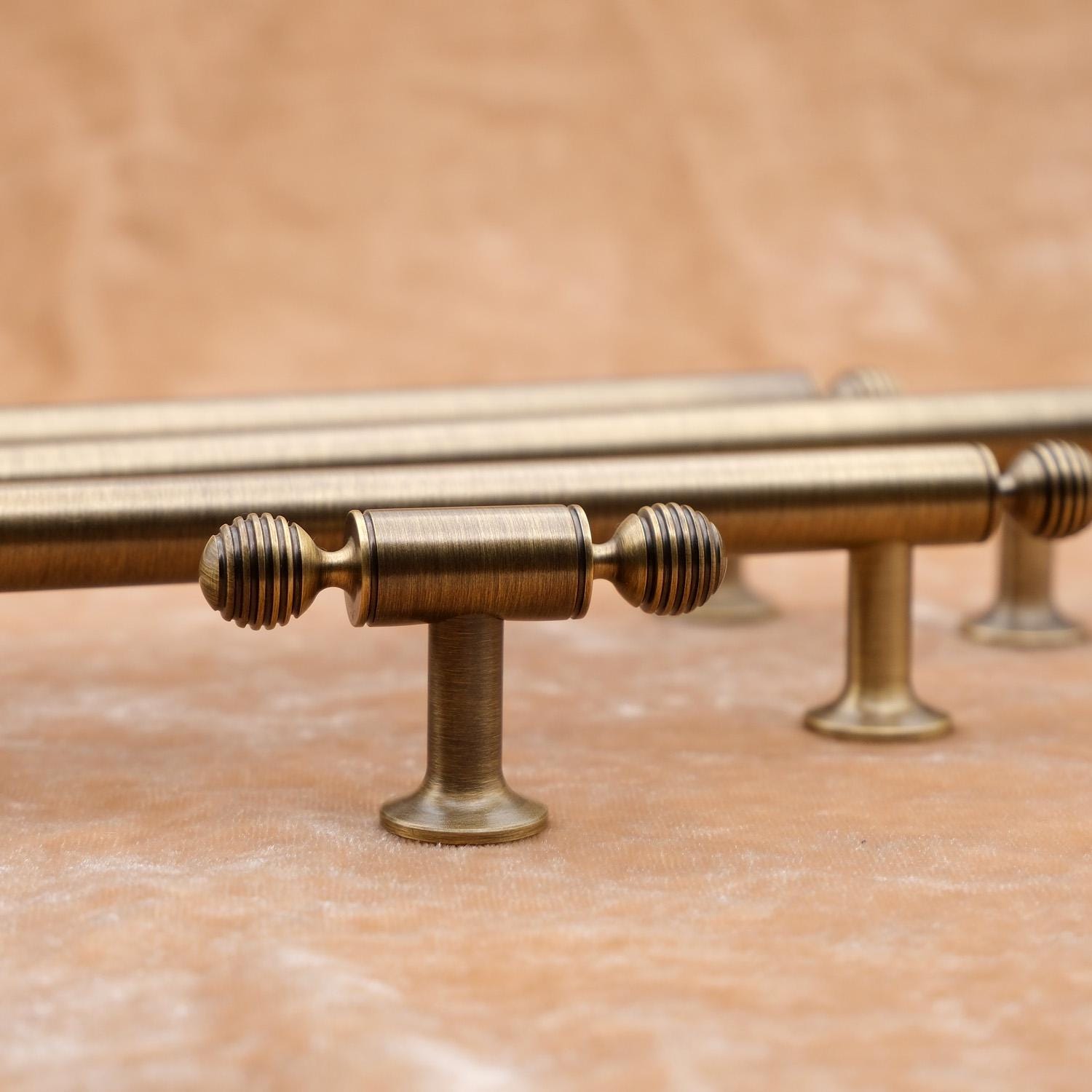 Reeded Antique Brass Cabinet Hardware: Gold Kitchen Pulls & Knobs