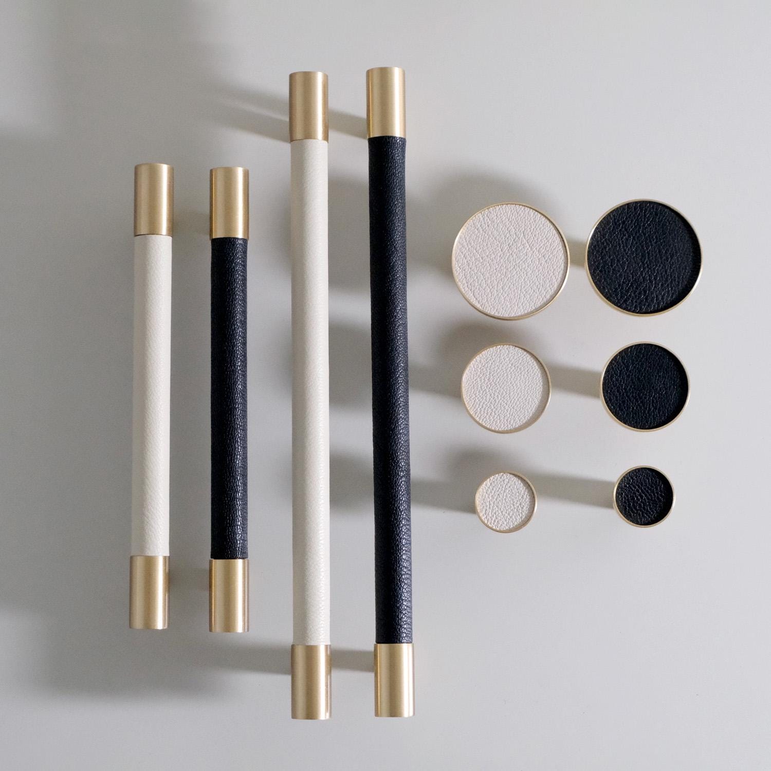 Handmade Leather Brass Cabinet Pulls: Modern Black & White Hardware