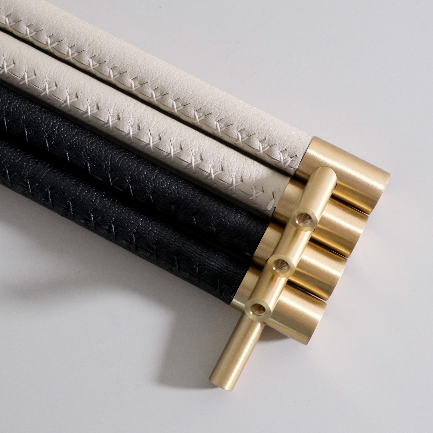 Handmade Leather Brass Cabinet Pulls: Modern Black & White Hardware