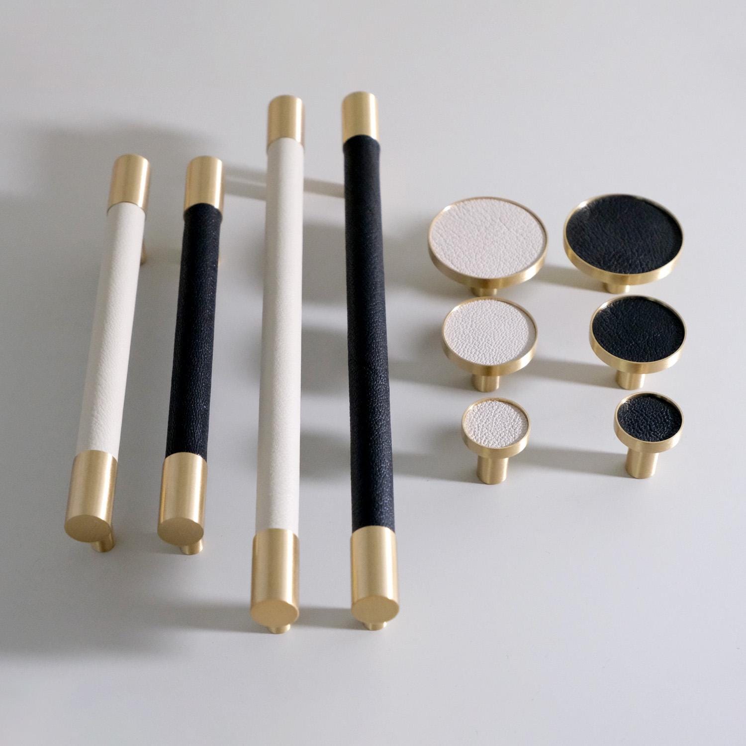 Handmade Leather Brass Cabinet Pulls: Modern Black & White Hardware