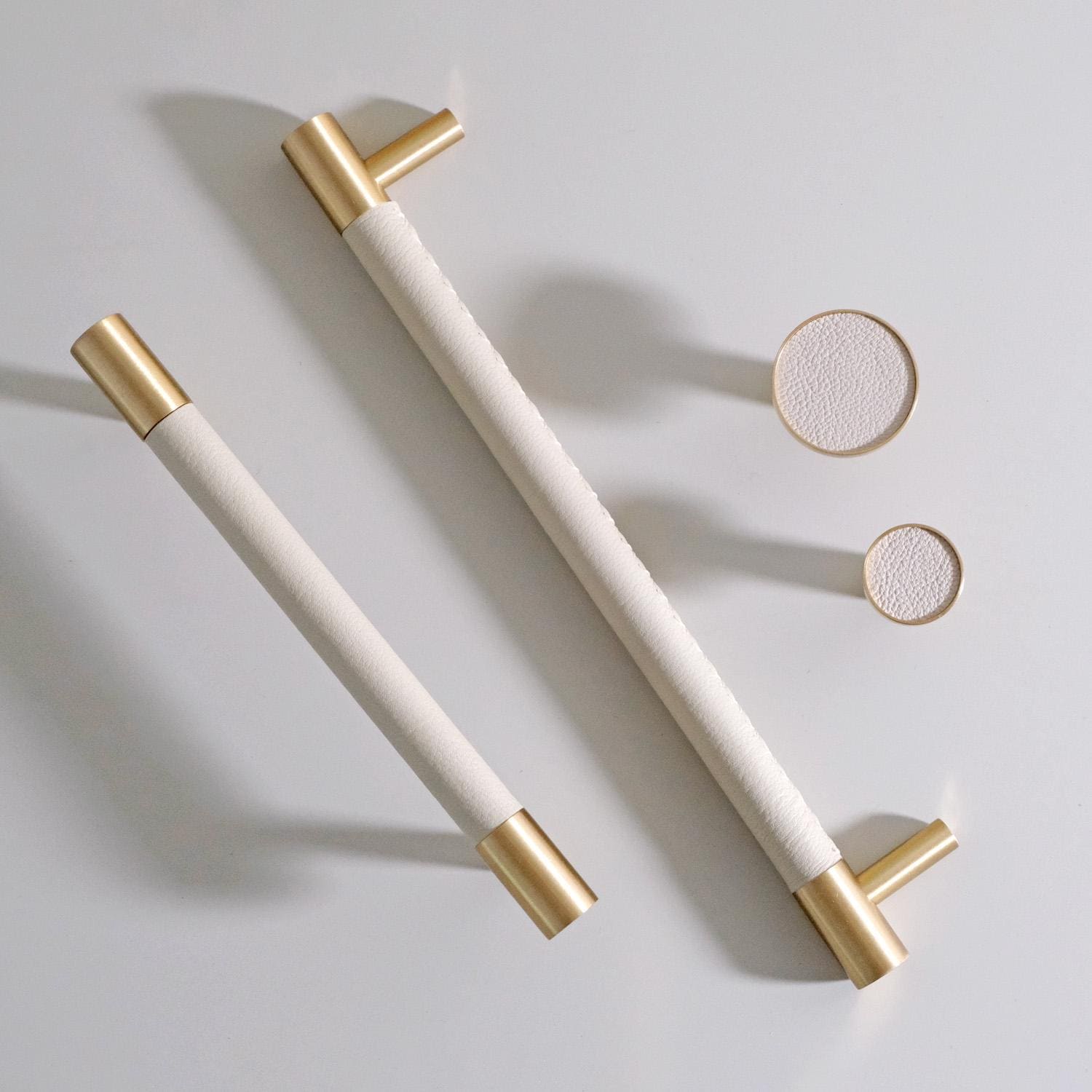 Handmade Leather Brass Cabinet Pulls: Modern Black & White Hardware