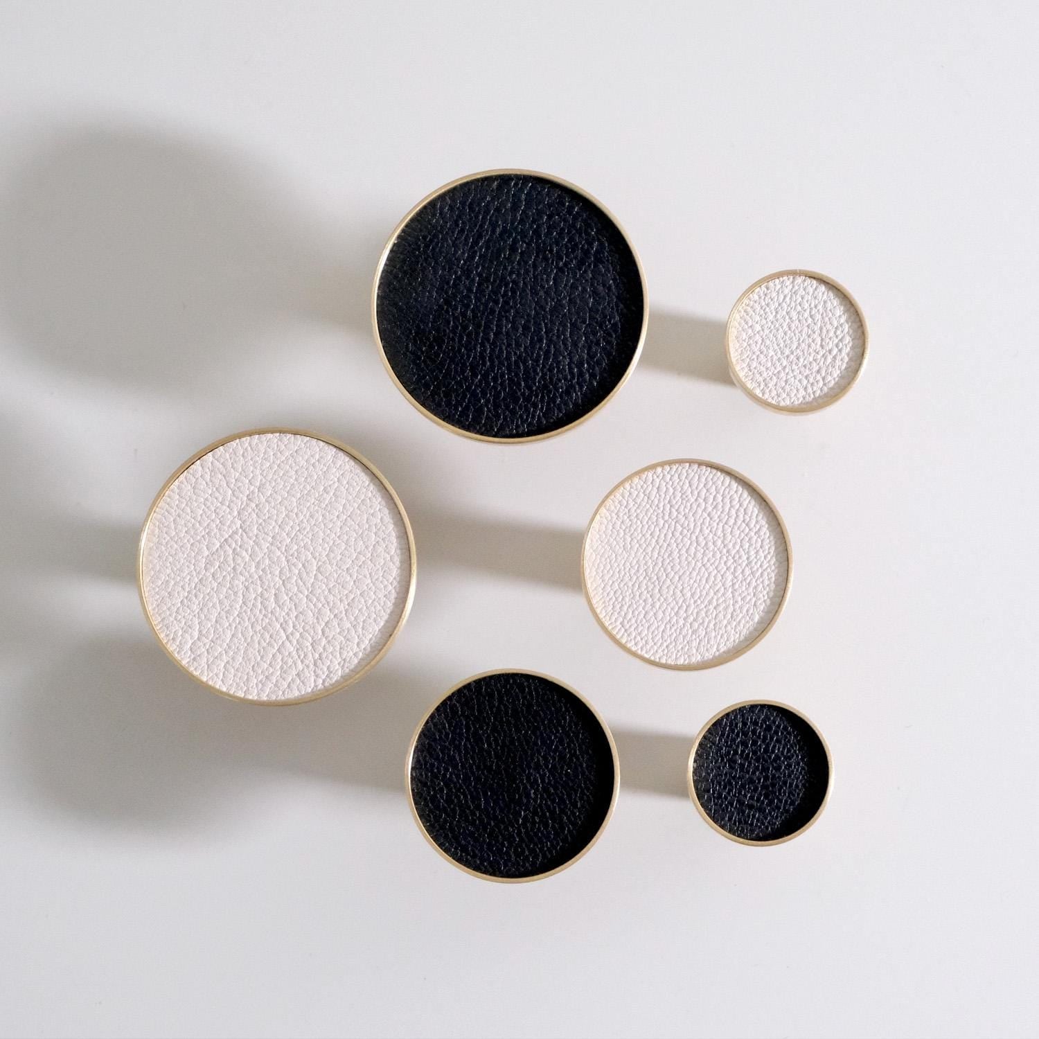 Handmade Leather Brass Cabinet Pulls: Modern Black & White Hardware