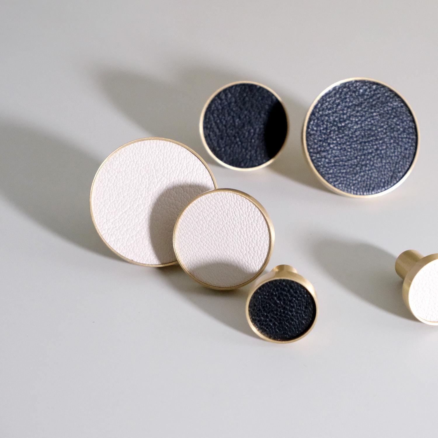 Handmade Leather Brass Cabinet Pulls: Modern Black & White Hardware