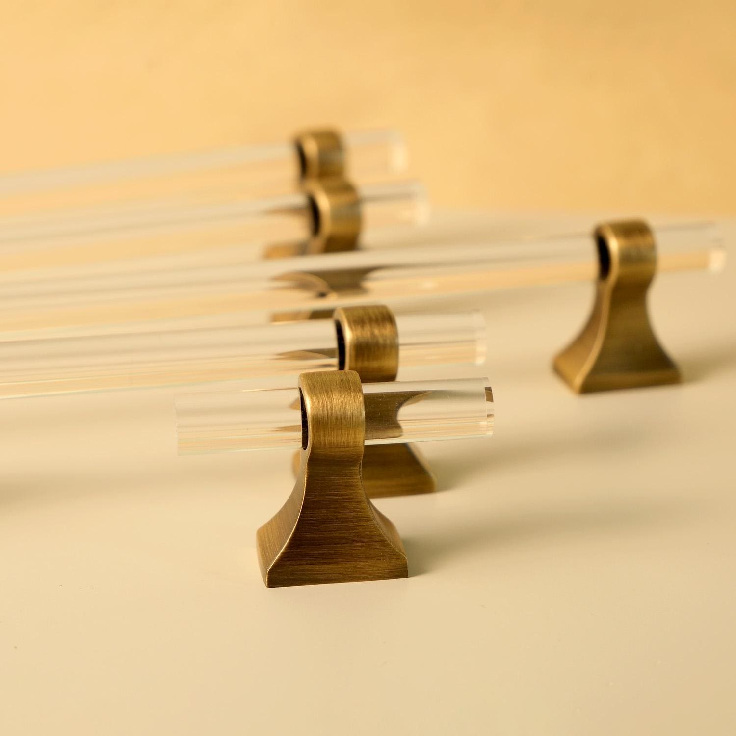 Antique Brass & Acrylic Cabinet Pulls: Modern Minimalist Handles