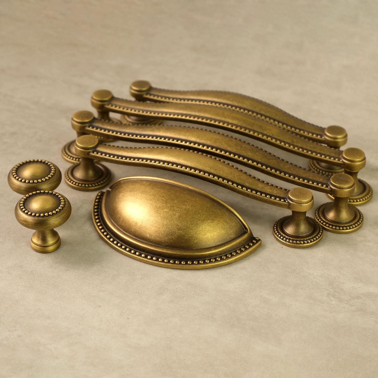 Curved Aged Brass Cabinet Pulls: Retro Kitchen Cabinet Hardware