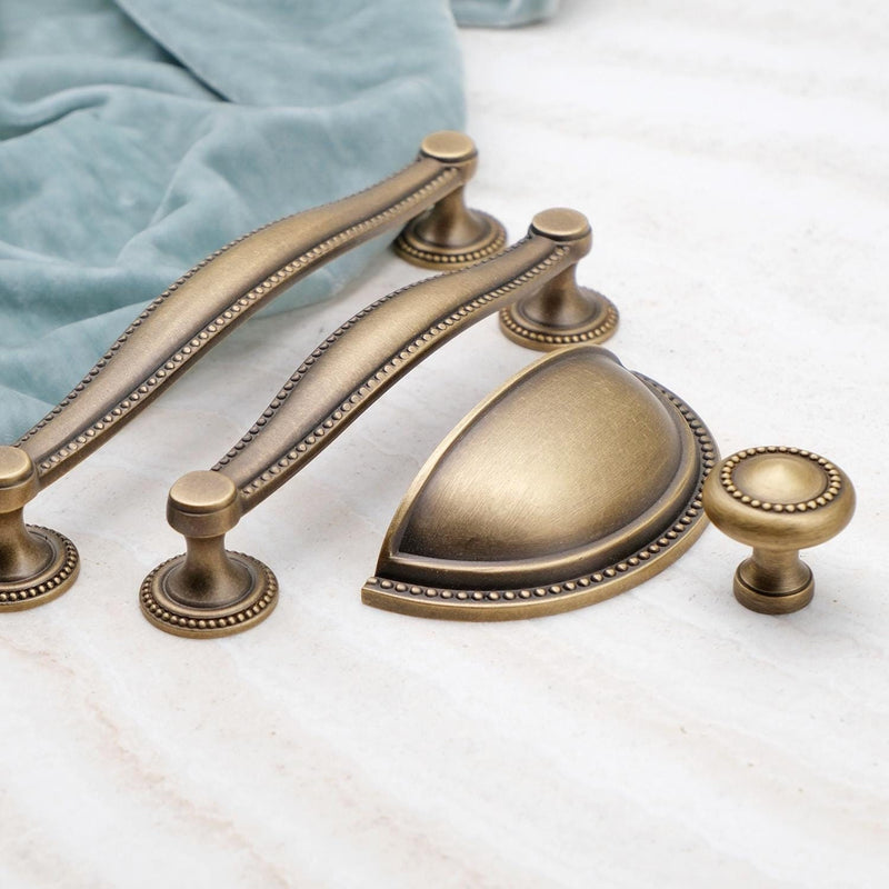 Curved Antique Brass Cabinet Pulls, Beaded Drawer Handle, Kitchen Hardware