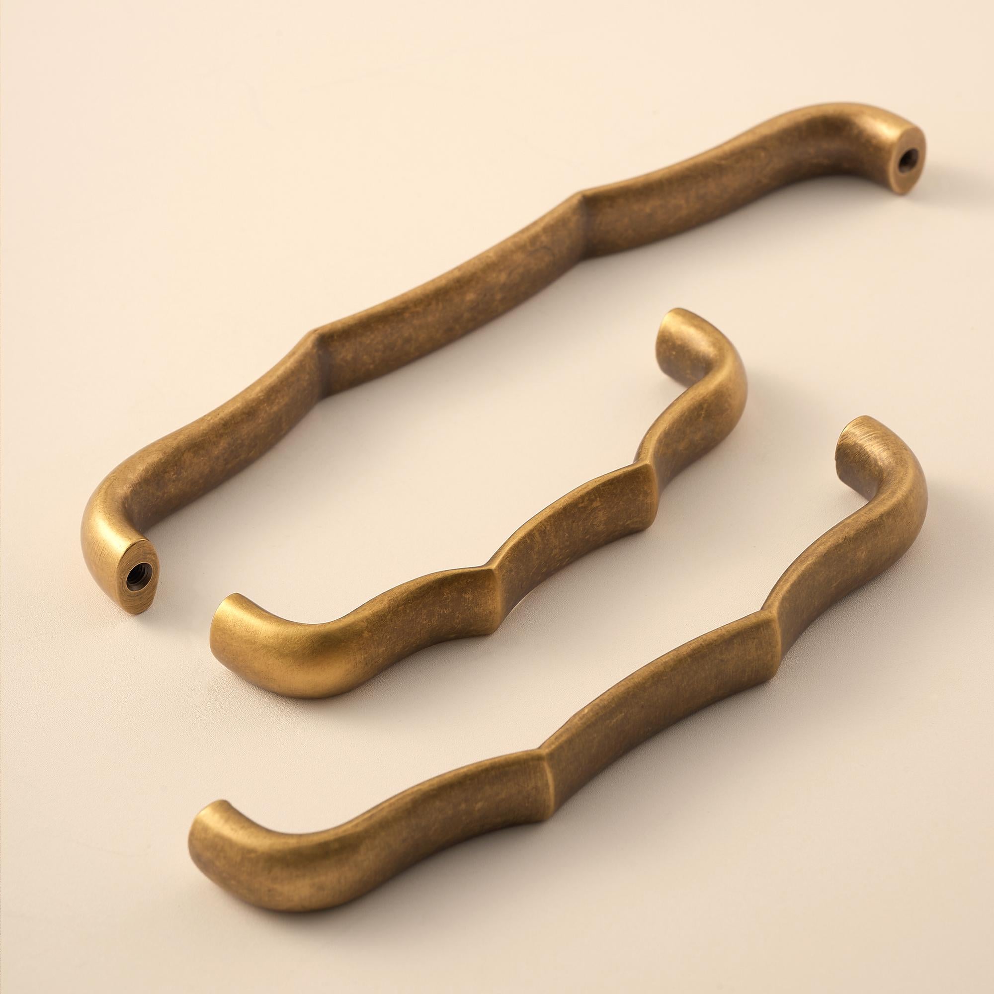 Curved Solid Brass Drawer Pulls, Antique Brass Cabinet Handles, Minimal Vintage Kitchen & Dresser Hardware