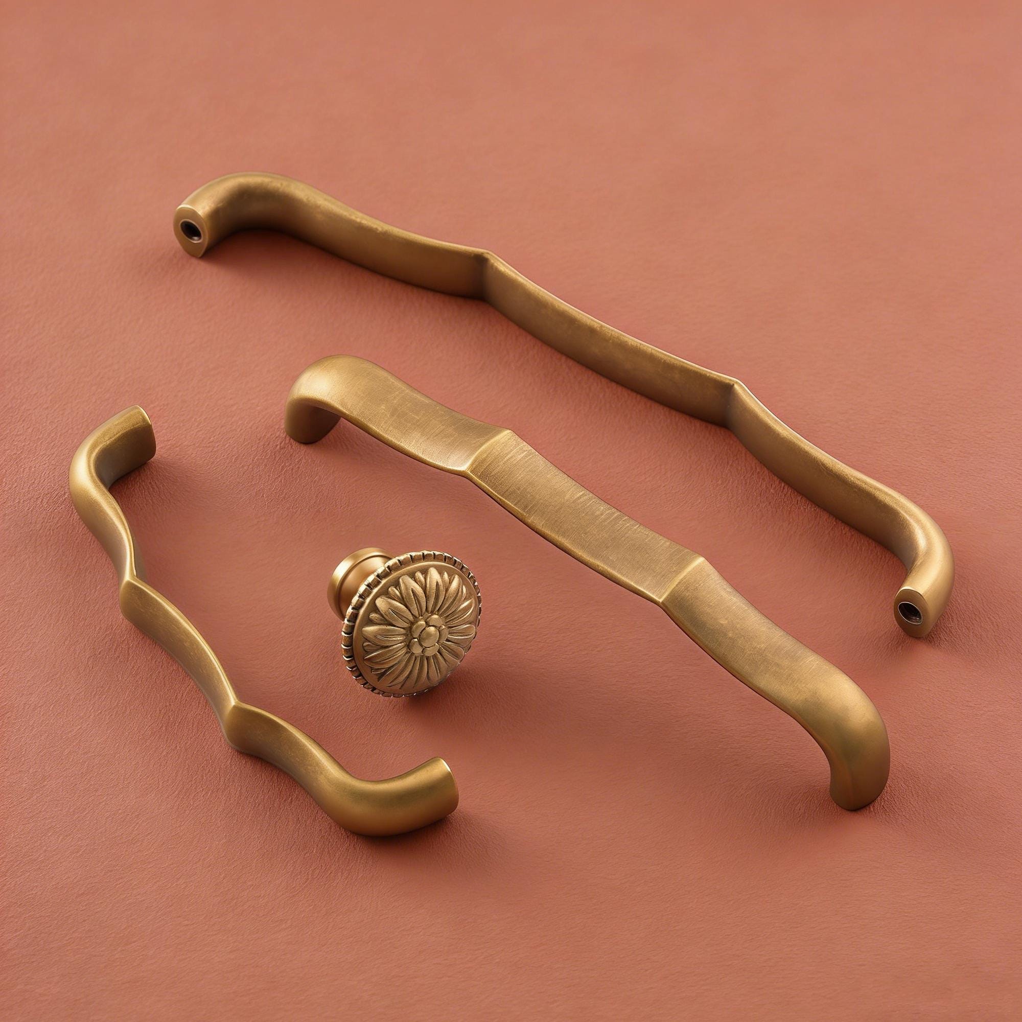 Curved Solid Brass Drawer Pulls, Antique Brass Cabinet Handles, Minimal Vintage Kitchen & Dresser Hardware
