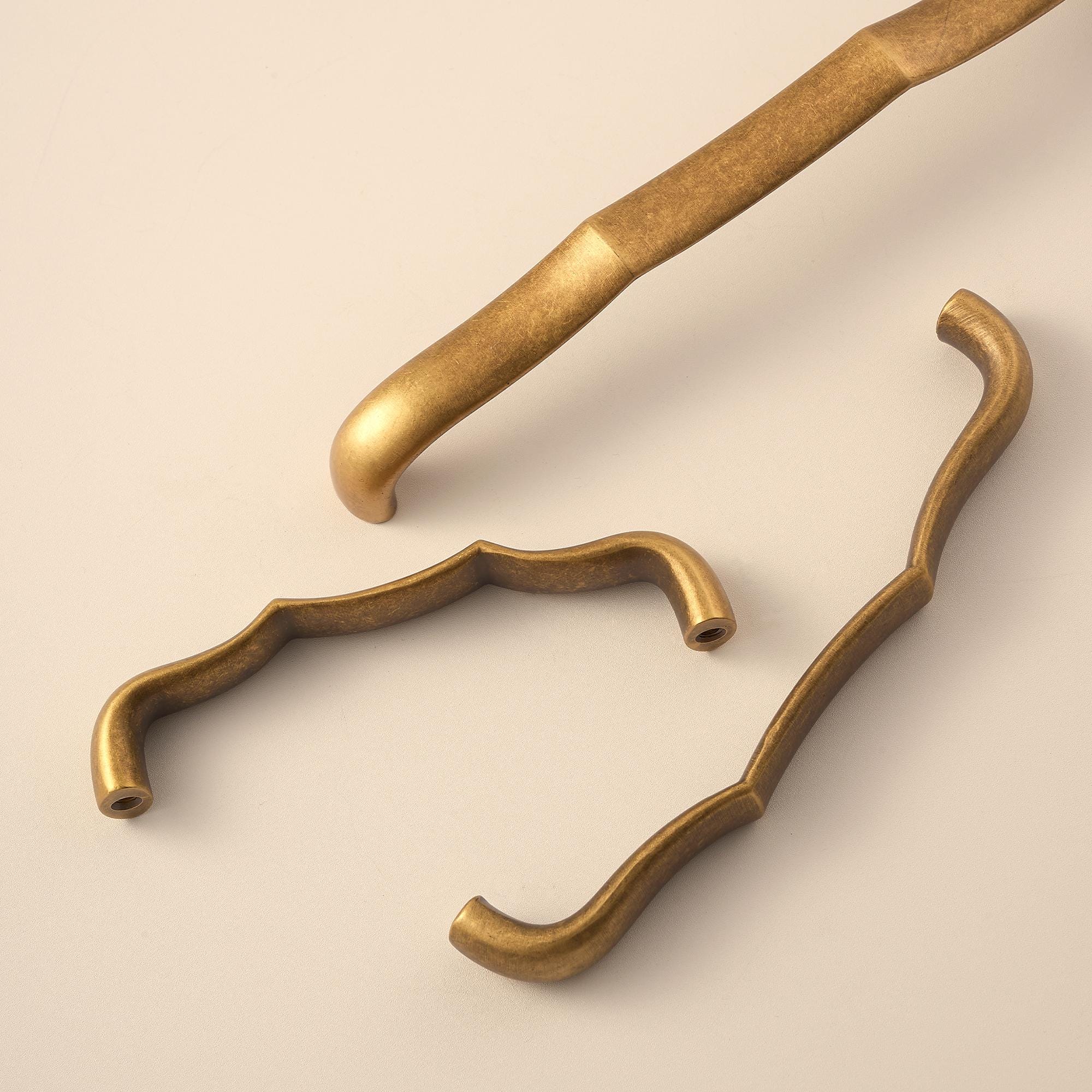 Curved Solid Brass Drawer Pulls, Antique Brass Cabinet Handles, Minimal Vintage Kitchen & Dresser Hardware