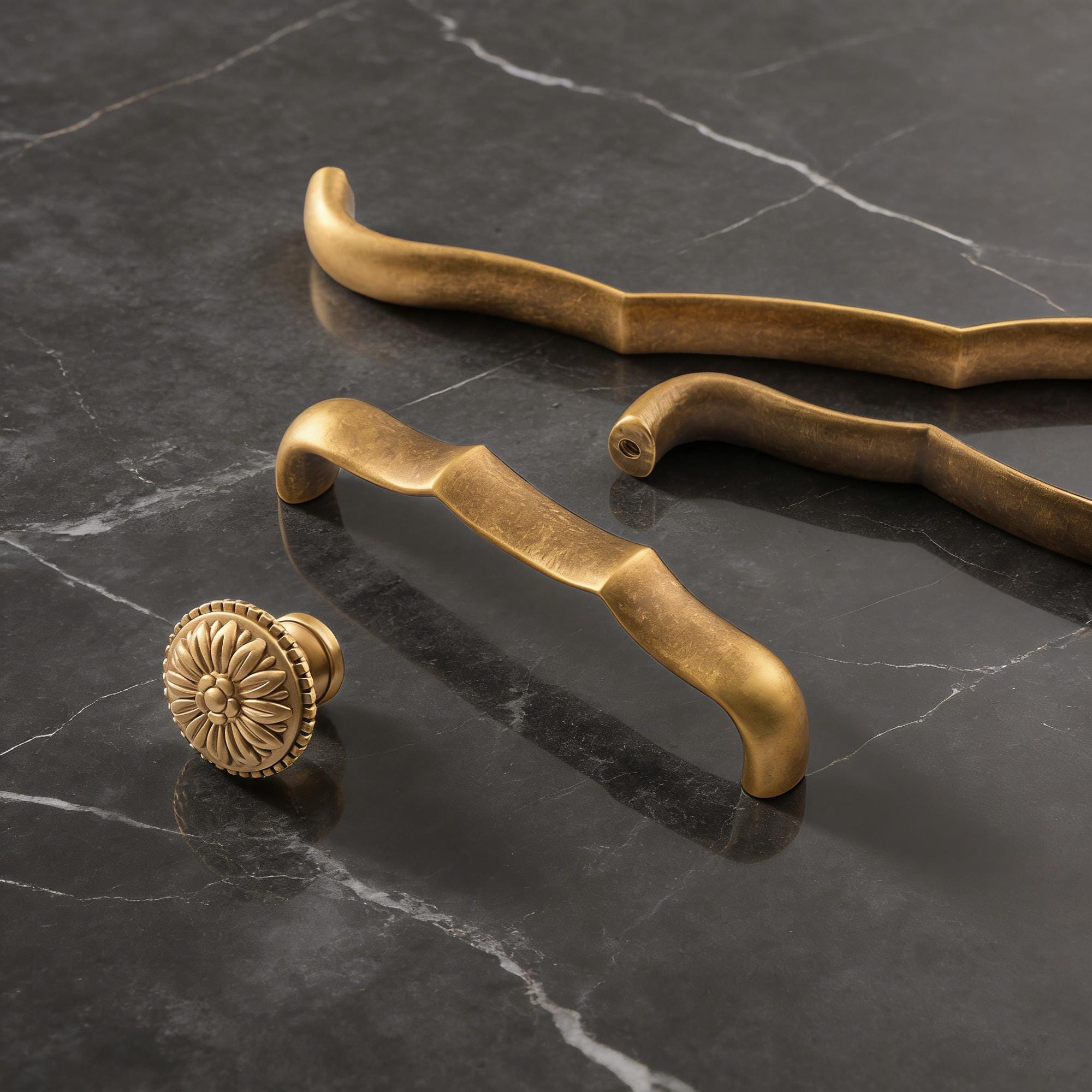 Curved Solid Brass Drawer Pulls, Antique Brass Cabinet Handles, Minimal Vintage Kitchen & Dresser Hardware