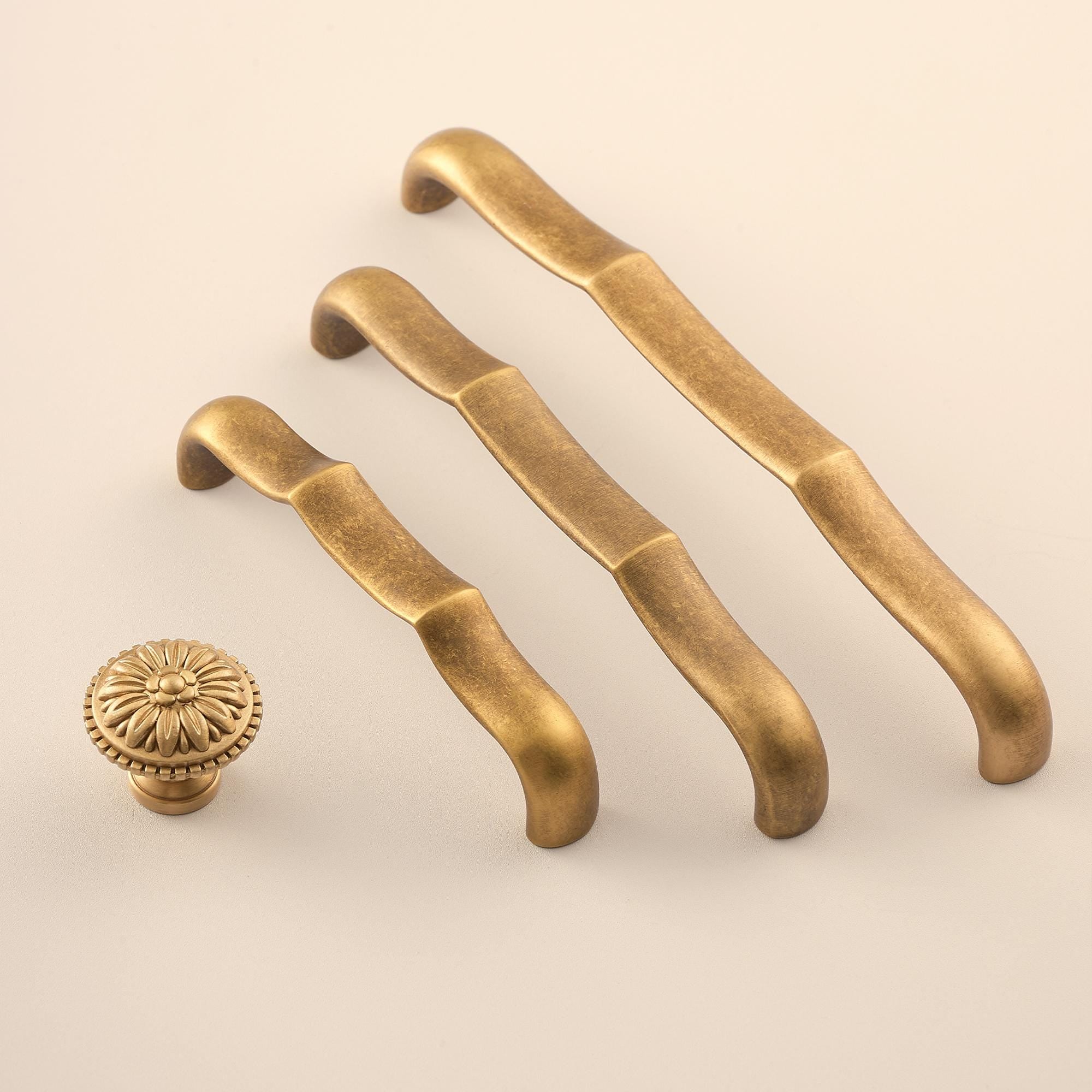 Curved Solid Brass Drawer Pulls, Antique Brass Cabinet Handles, Minimal Vintage Kitchen & Dresser Hardware