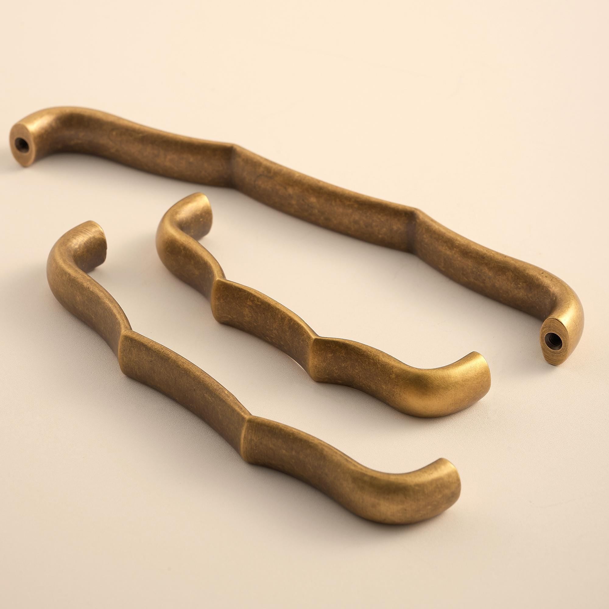 Curved Solid Brass Drawer Pulls, Antique Brass Cabinet Handles, Minimal Vintage Kitchen & Dresser Hardware