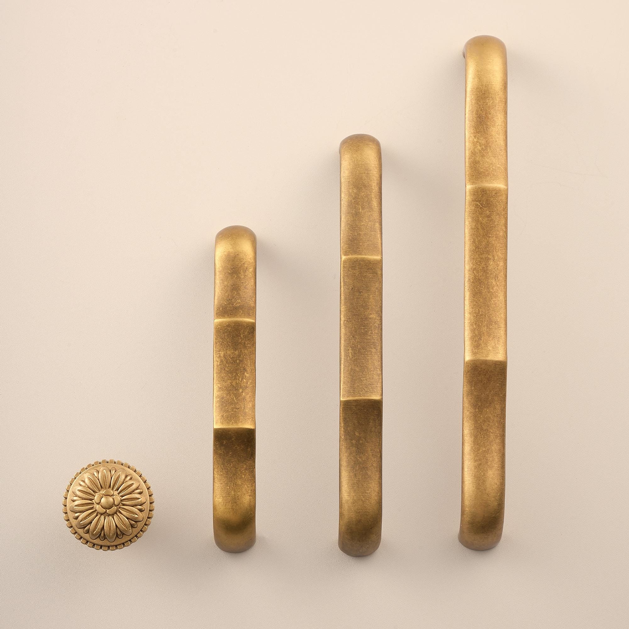 Curved Solid Brass Drawer Pulls, Antique Brass Cabinet Handles, Minimal Vintage Kitchen & Dresser Hardware