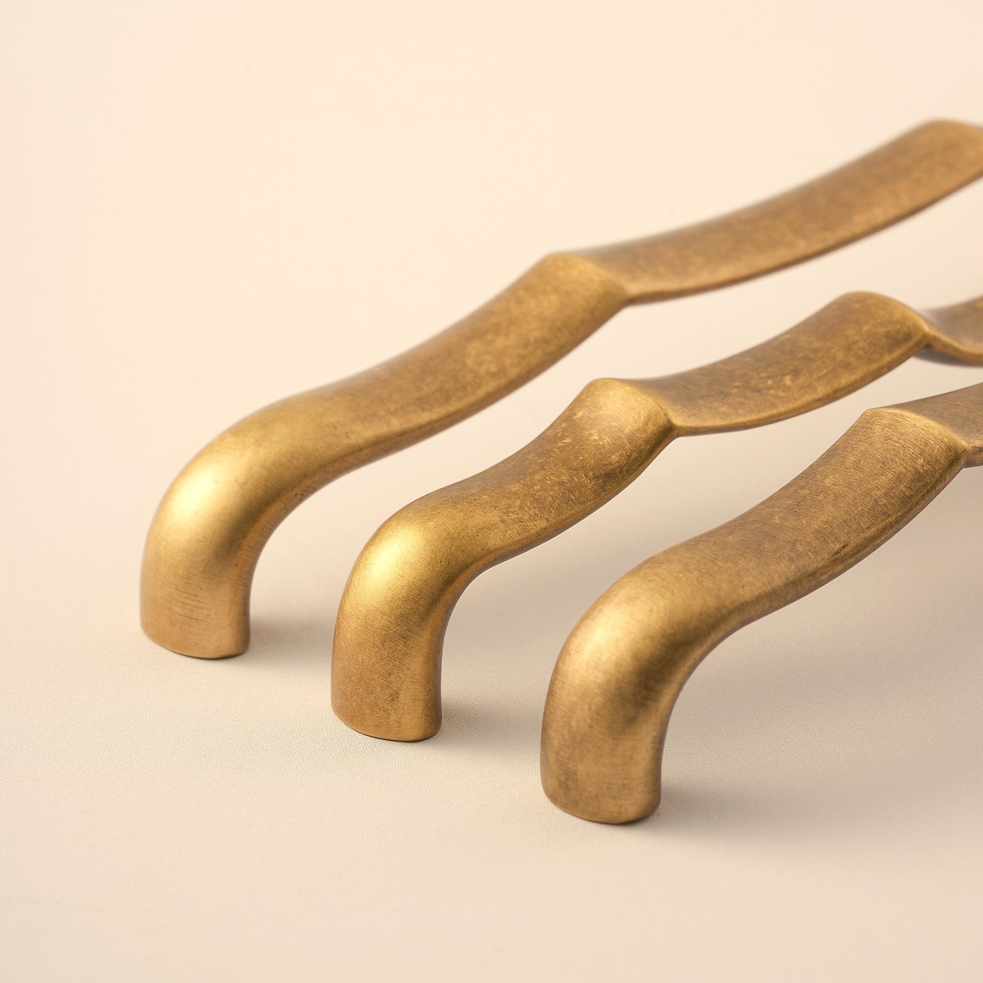 Curved Solid Brass Drawer Pulls, Antique Brass Cabinet Handles, Minimal Vintage Kitchen & Dresser Hardware
