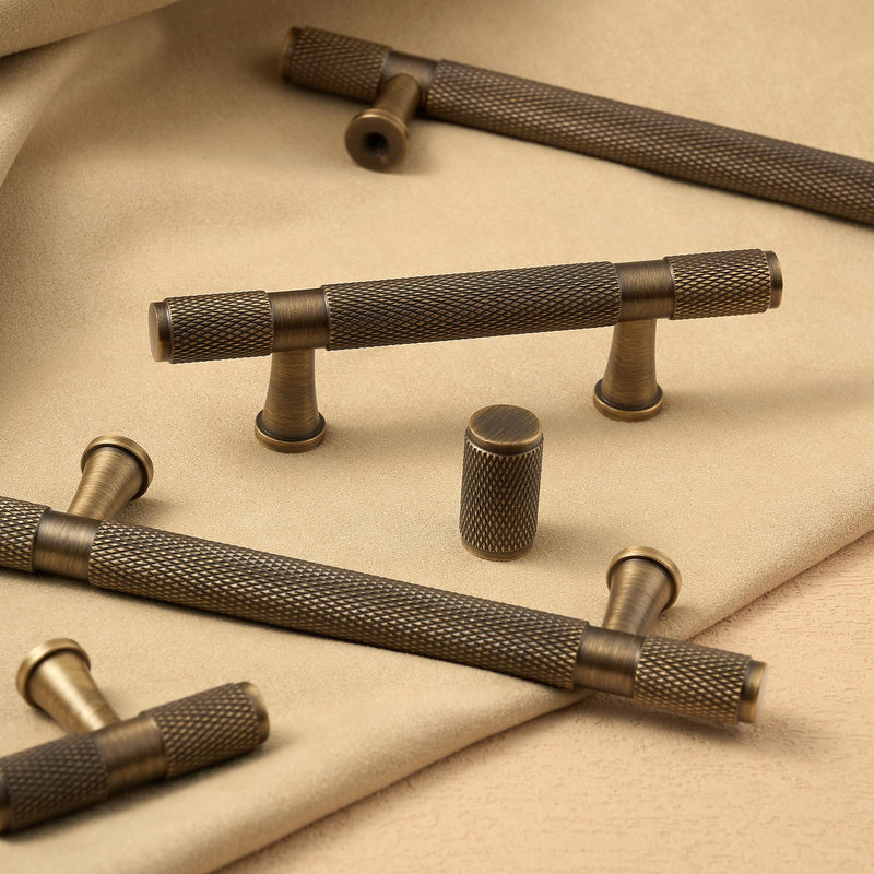 Antique Brass Knurled Drawer Pull, Industrial Cabinet Handle