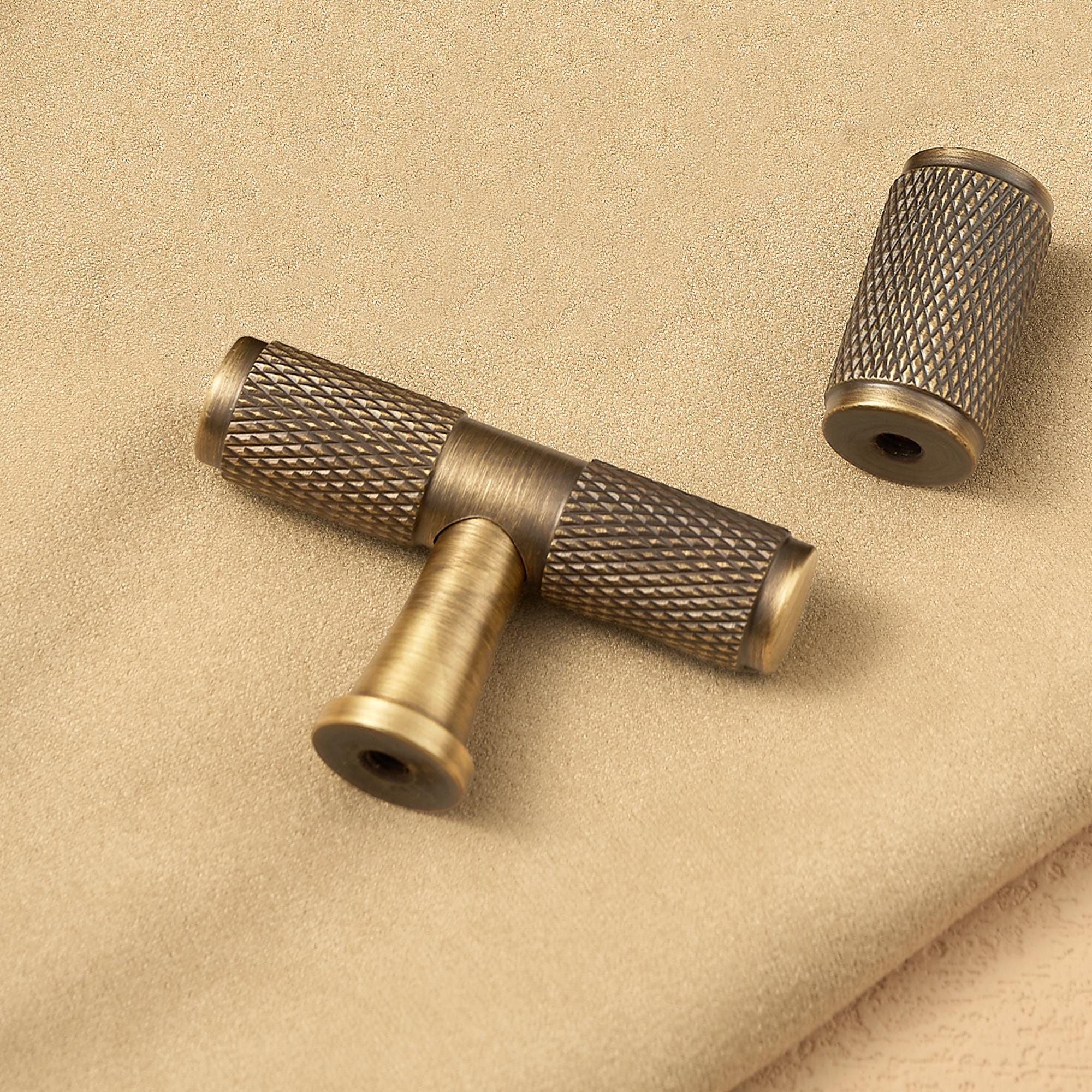 Antique Brass Knurled Drawer Pull, Industrial Cabinet Handle