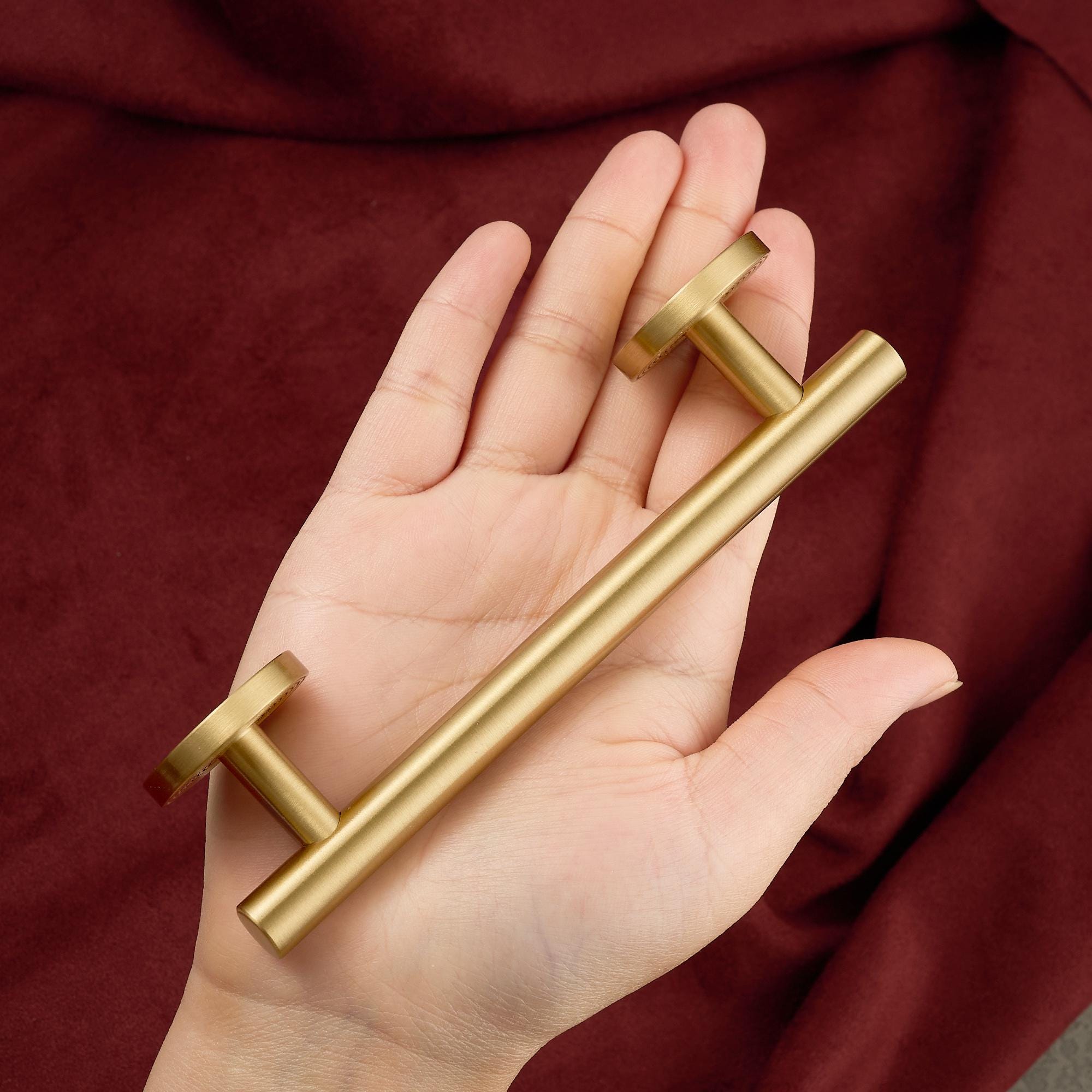 Modern Brass Bar Pull, Gold Cabinet Handle with Round Base