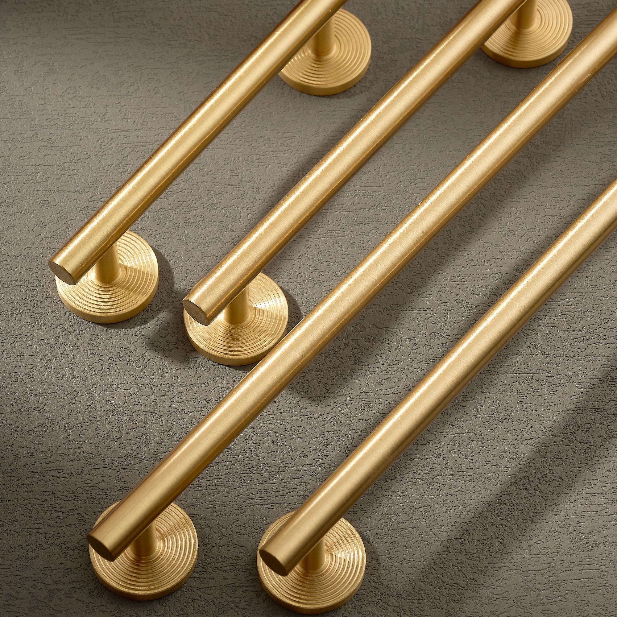 Modern Brass Bar Pull, Gold Cabinet Handle with Round Base
