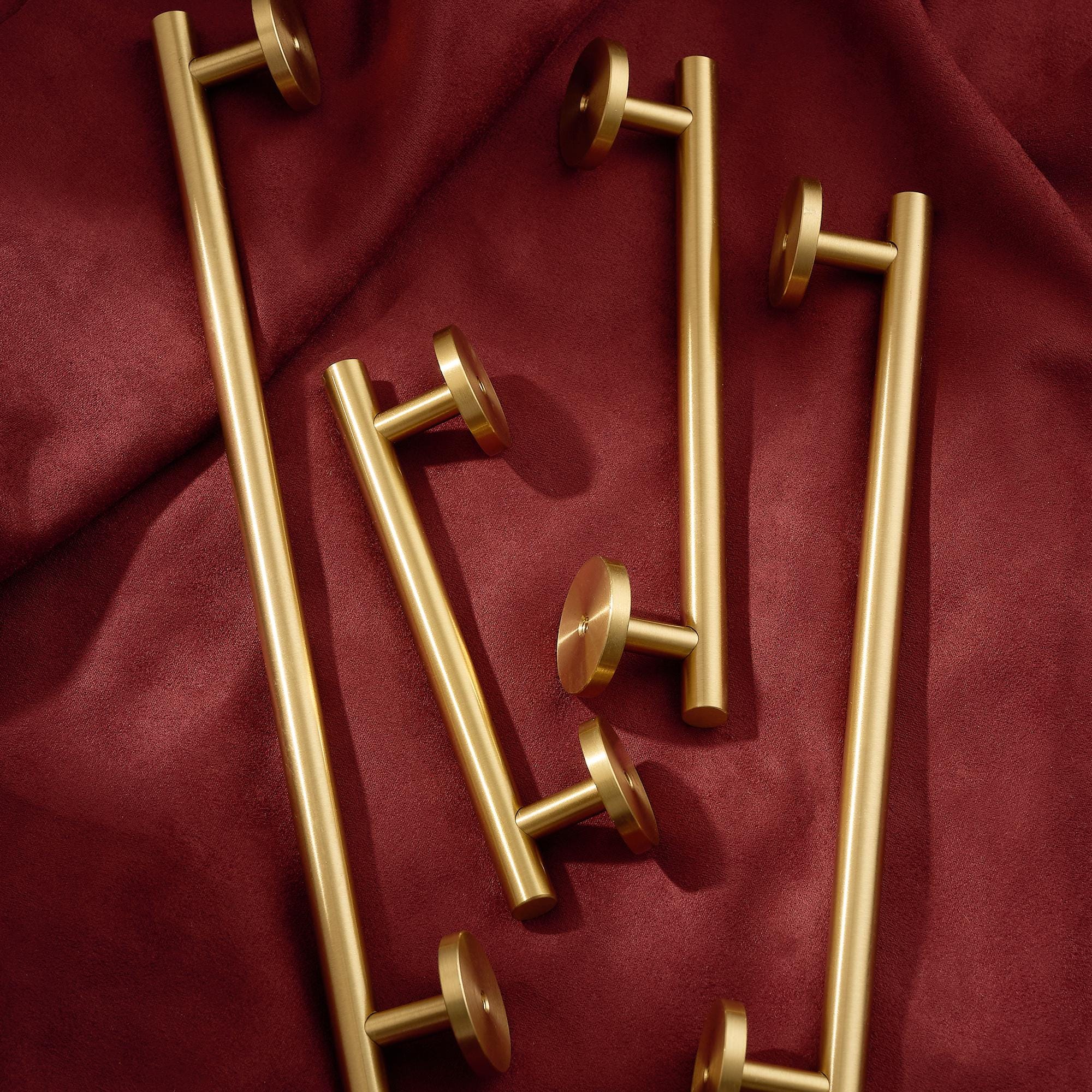 Modern Brass Bar Pull, Gold Cabinet Handle with Round Base
